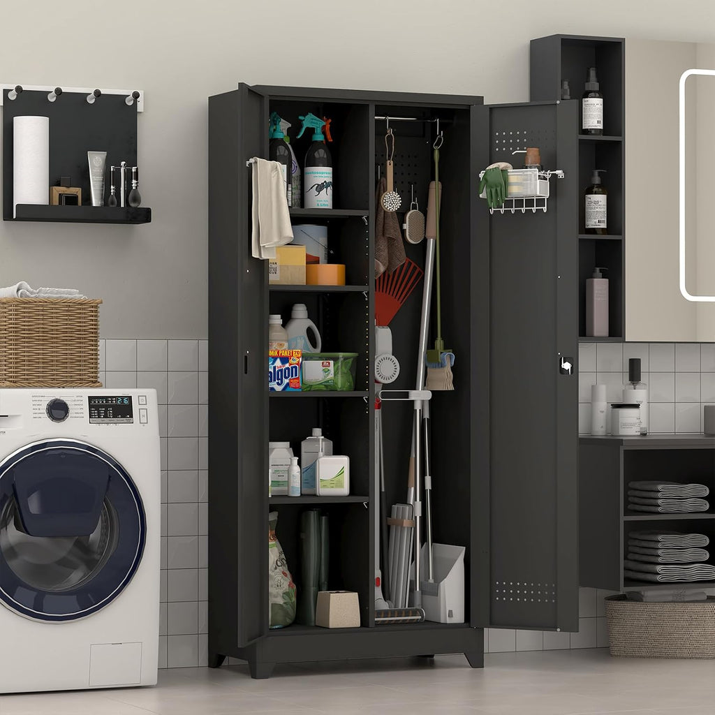 Metal Locking Cabinet, 72.8' Tall Storage Cabinet for Broom, Garage Storage Cabinet with Doors and Shelves, Heavy Duty Tool Cabinet for Home Office, School, Basement,Gym