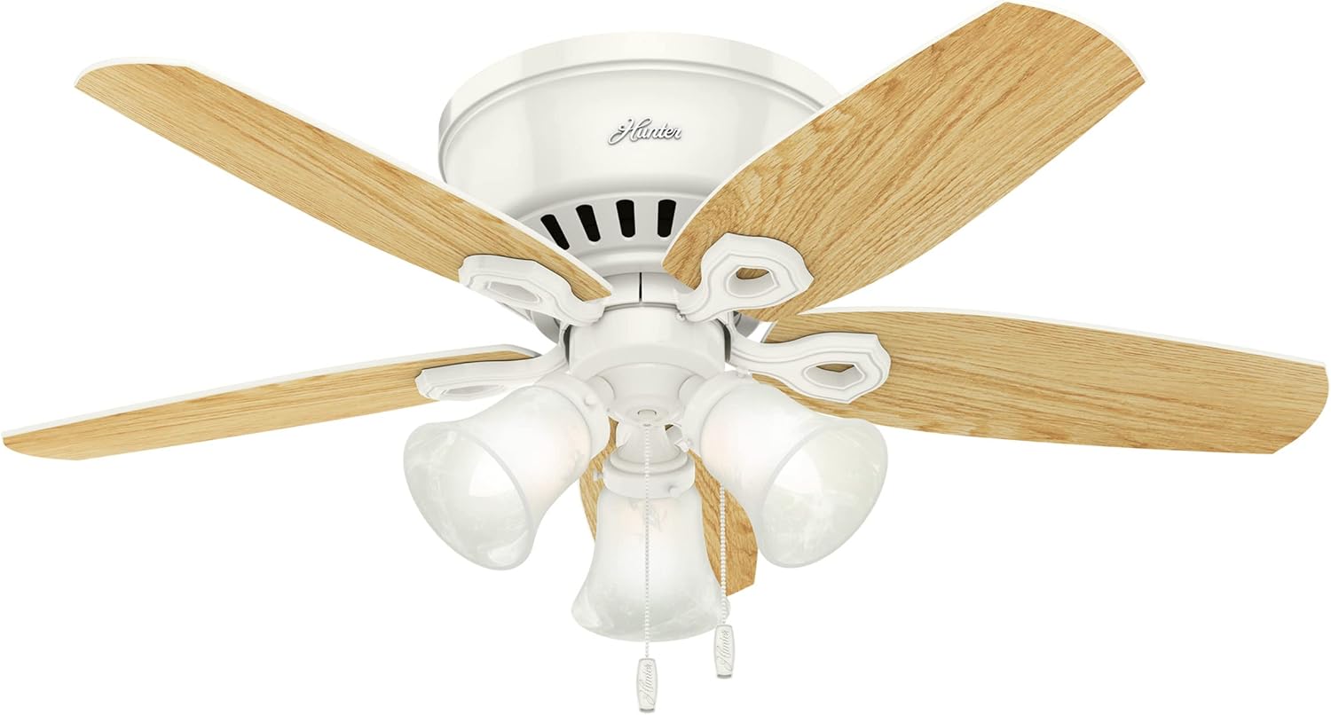Hunter 42 inch Indoor Ceiling Fan with LED Lights - White Ceiling Fan with Pull Chain, For Bedroom, Living Room, or Kitchen, Low Profile Flush Mount, No Remote, 5 Blades - Builder 51090, Snow White