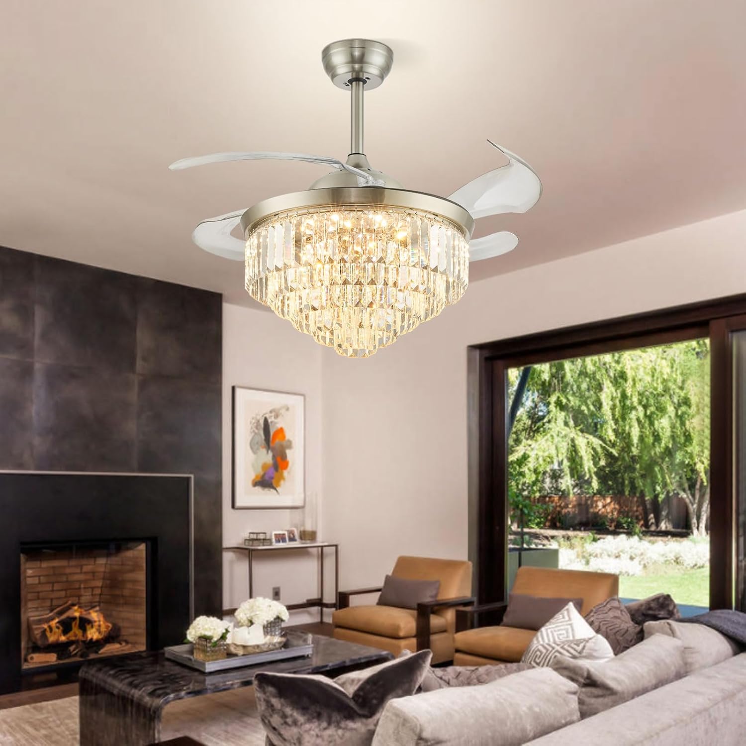 42' Dimmable LED Ceiling Fan with Light Crystal Chandelier Fan with Remote Control Noiseless Reversible Motor for Bedroom Living Room Study Kitchen Dinning Room (Nickel)