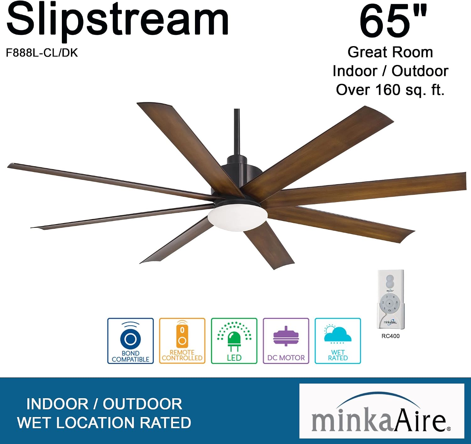 Minka-Aire F888L-CL/DK Slipstream 65' Outdoor Ceiling Fan with Dimmable LED Light and DC Motor in Coal/Distressed Koa Finish