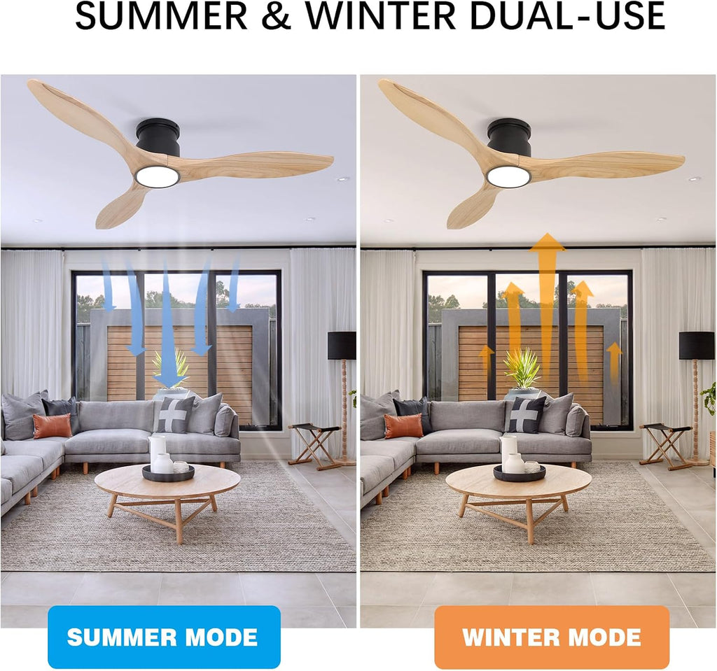 Ceiling Fans with Lights Remote 52inch Solid Amber Color Wood Fan Timing 6 Speeds Silent Reversible DC Motor 3CCT LED Light with Memory Lighting Function Indoor Outdoor Fan Farmhouse Bedroom