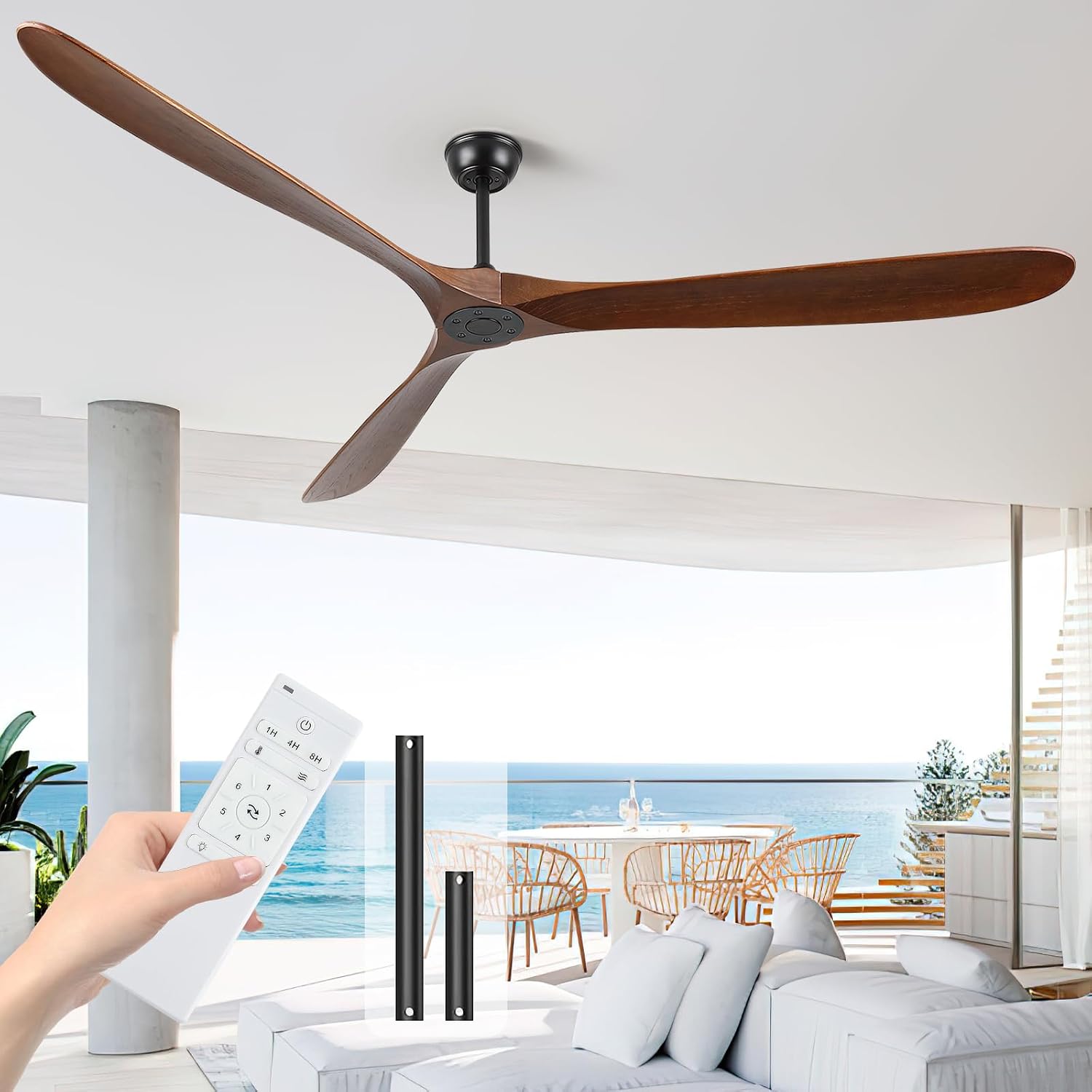 Ceiling Fans Without Light, 88 In Extra Large Ceiling Fan No Lights, 3 Wood Walnut Blades, DC Motor, Propeller Outdoor Ceiling Fan for Patios and Big Rooms with Remote Control
