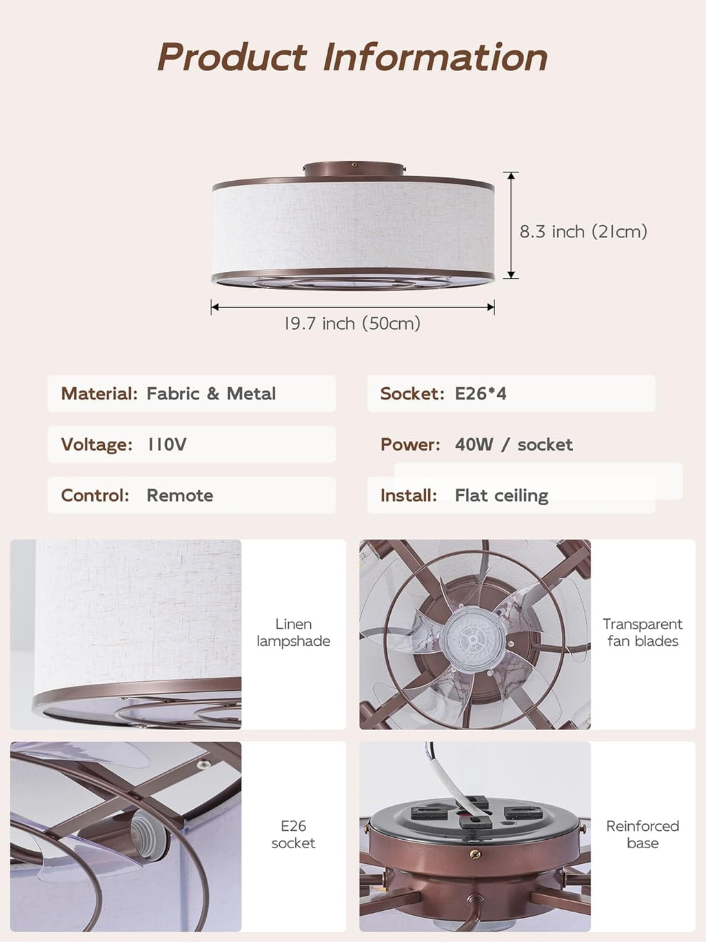 20' Brown Ceiling Fans with Lights, Boho Flush Mount Ceiling Fan with Light and Remote, Drum Fabric with 6 Speeds for Bedroom, Nursery, Living Room