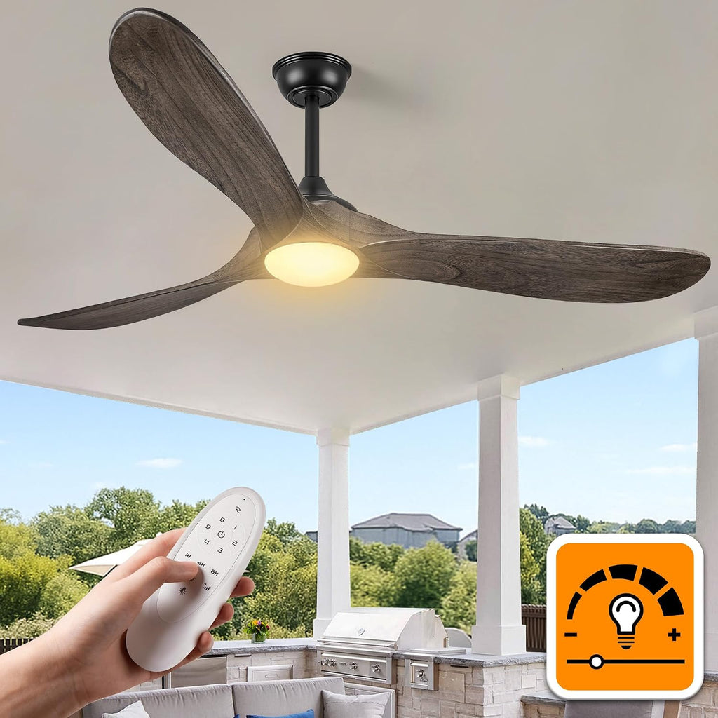 Haipeel 60 Inch Outdoor Ceiling Fans with Lights, Propeller Solid Wood Ceiling Fans with Light and Remote Control for Outdoor Ceiling Fan with Light for Patio Farmhouse, DC ETL Listed, Deep Brown