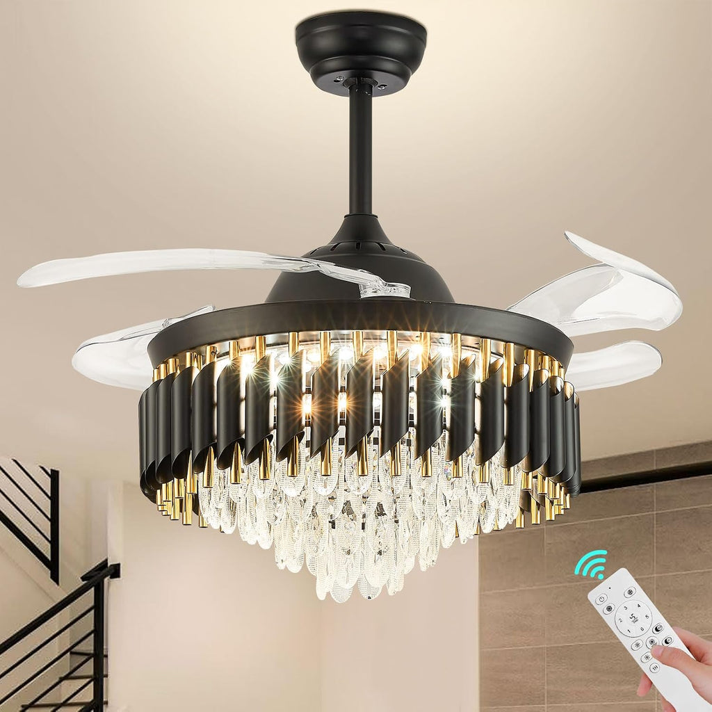 42' Black Ceiling Fan with Lights and Remote, Dimmable LED Fan Light, 4-Blade Modern Fandelier, Quiet Reversible Motor, 6 Speeds Timer, PC Blades for Bedroom Living Room Kitchen Dining Room