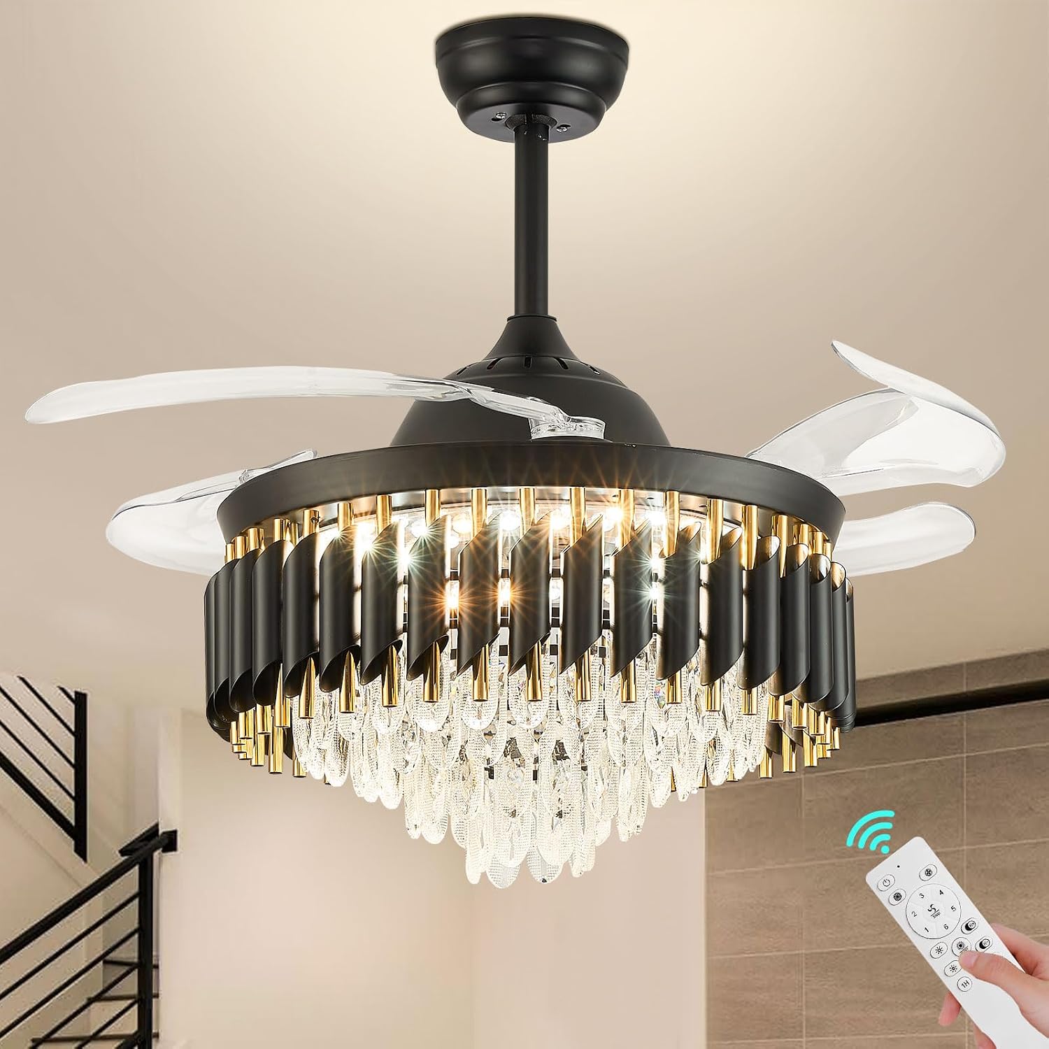 42' Black Ceiling Fan with Lights and Remote, Dimmable LED Fan Light, 4-Blade Modern Fandelier, Quiet Reversible Motor, 6 Speeds Timer, PC Blades for Bedroom Living Room Kitchen Dining Room