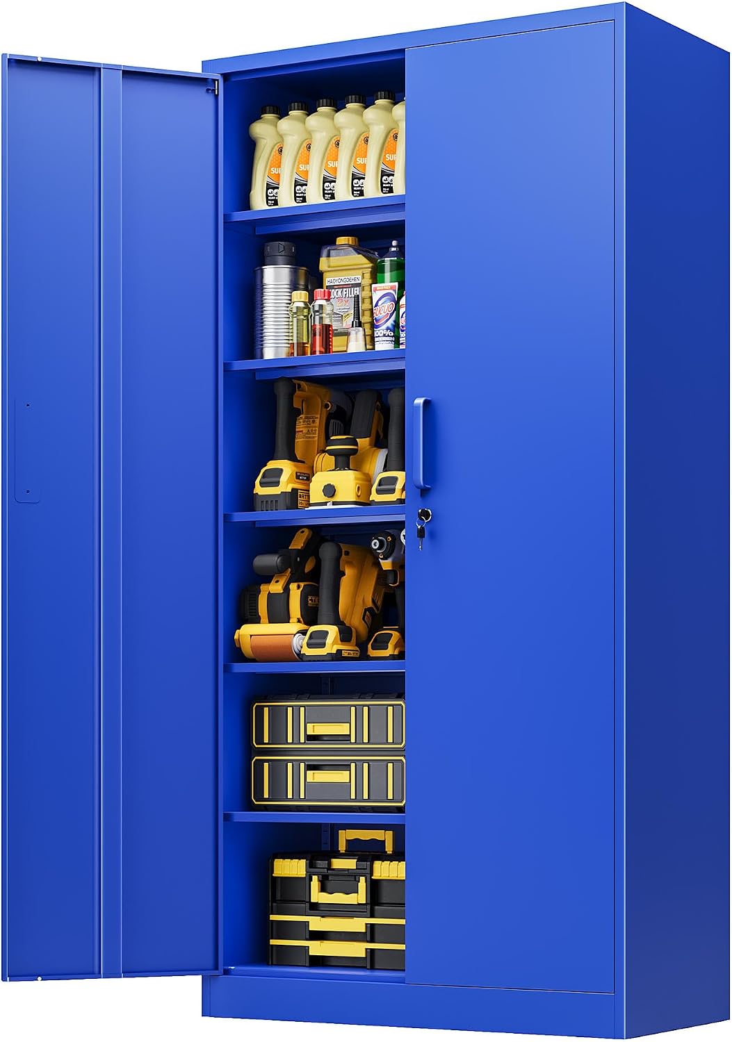Metal Cabinet with Lock, Tall Storage Cabinet with Door and Adjustable Shelves,Blue Steel Storage Cabinets for Garage,Home Office,Pantry,School,Hospital