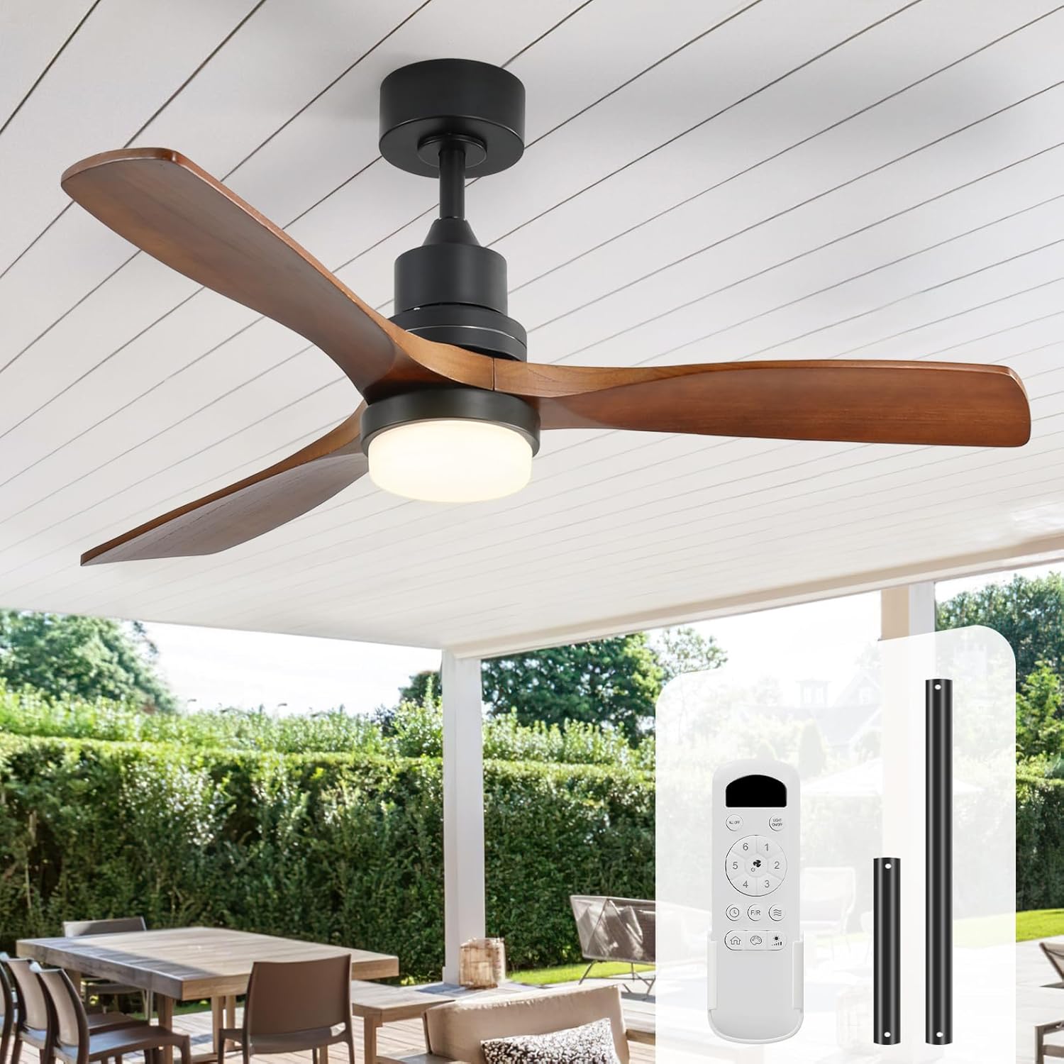 Sofucor 52 Inch Ceiling Fans with Lights and Remote Control, Modern Solid Wood Outdoor Ceiling Fan with Light for Bedroom Living Room Indoor Farmhouse Patio, Quiet DC Motor