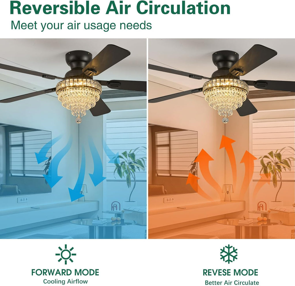 52' Crystal Ceiling Fans with RGB Lights, Remote/App Control, Modern Fandelier Flush Mount, Reversible DC Motor, Dimmable, Noiseless Ceiling Fan for Bedroom, Living Room (Black)