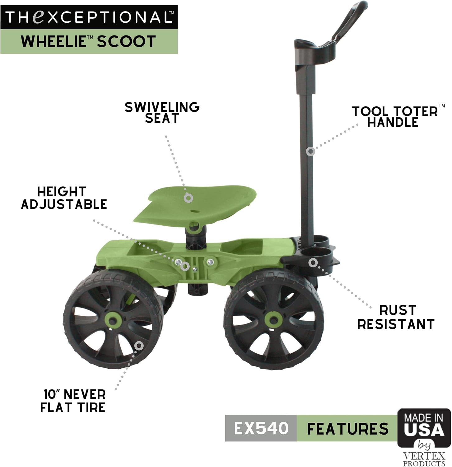 TheXceptional Wheelie with Tool Toter Handle | American Made Rolling Scoot and Tool Rack | Garden Cart with Seat | Made in USA by Vertex | Model EX540