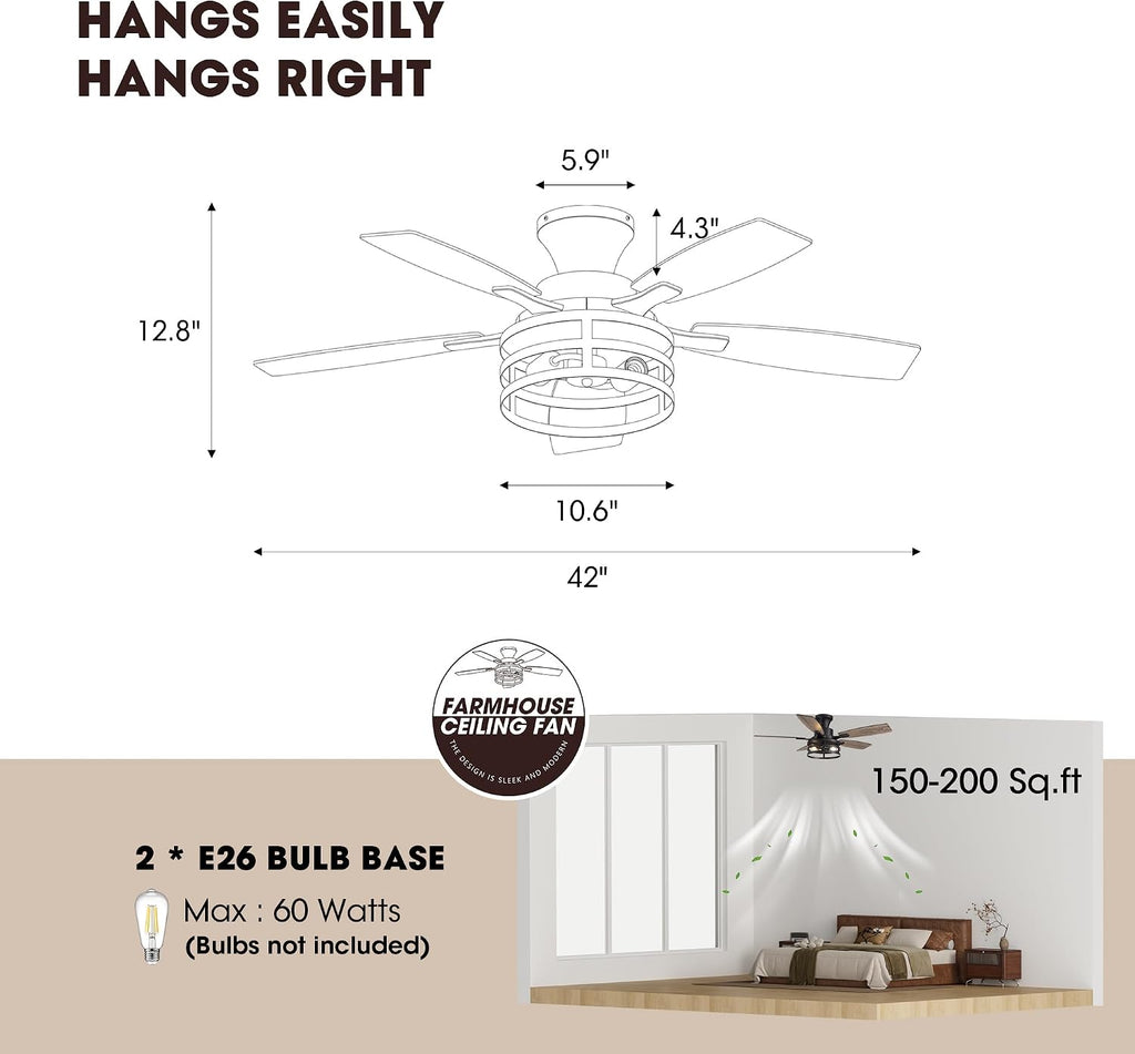 42 Inch Flush Mount Ceiling Fans with Lights and Remote Control, Farmhouse Ceiling Fan with LED Lighting for Bedroom Living Room and Patio, Black Caged Ceiling Fan for Indoor and Outdoor(NO Bulbs)