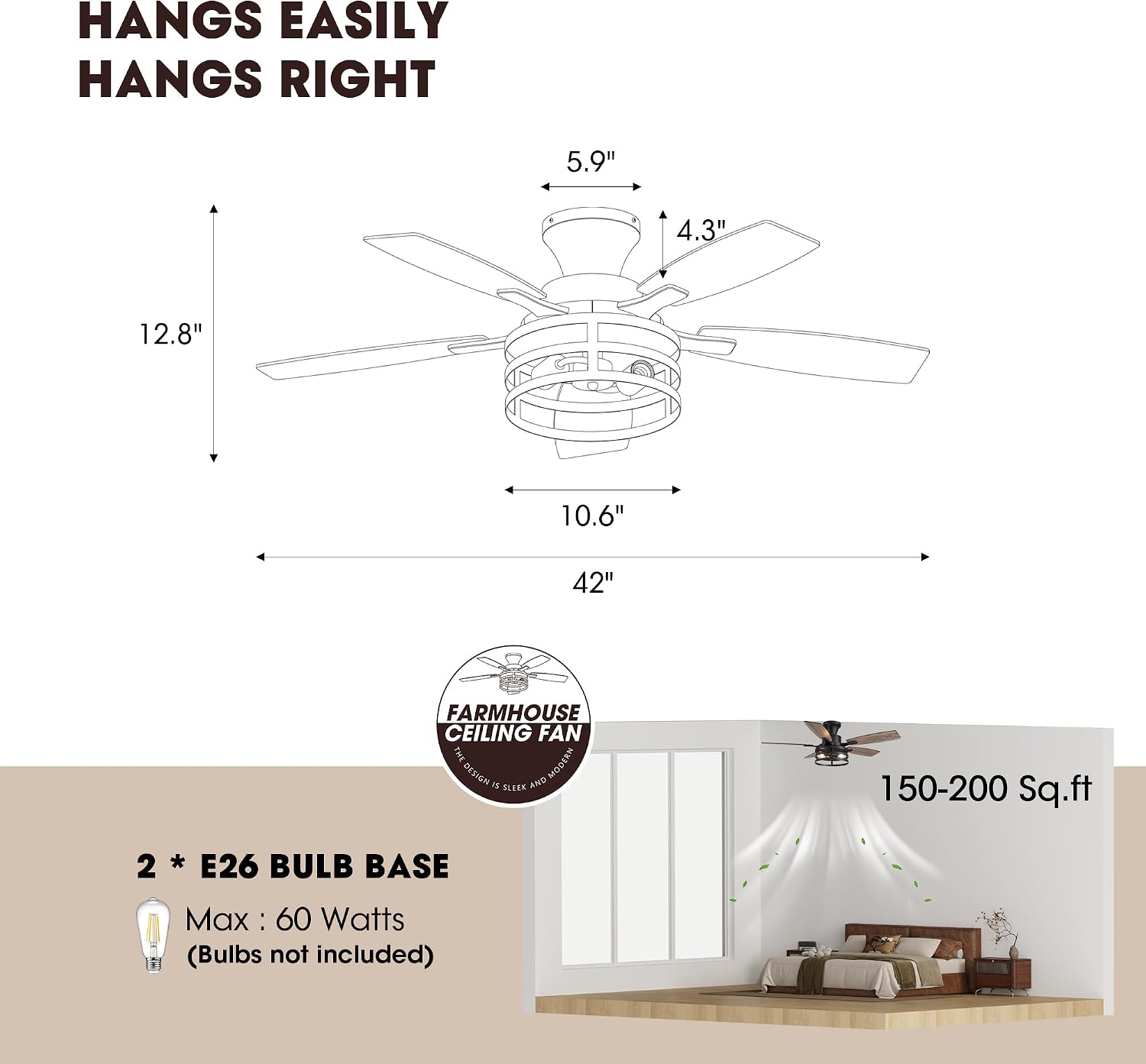42 Inch Flush Mount Ceiling Fans with Lights and Remote Control, Farmhouse Ceiling Fan with LED Lighting for Bedroom Living Room and Patio, Black Caged Ceiling Fan for Indoor and Outdoor(NO Bulbs)