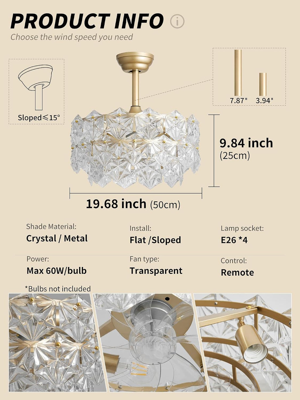 SYDACG 20' Gold Crystal Fandelier Ceiling Fan with Light, Mid-Century Chandelier Ceiling Fan with Light Remote Control, 6 Speeds for Bedroom, Nursery, Living Room