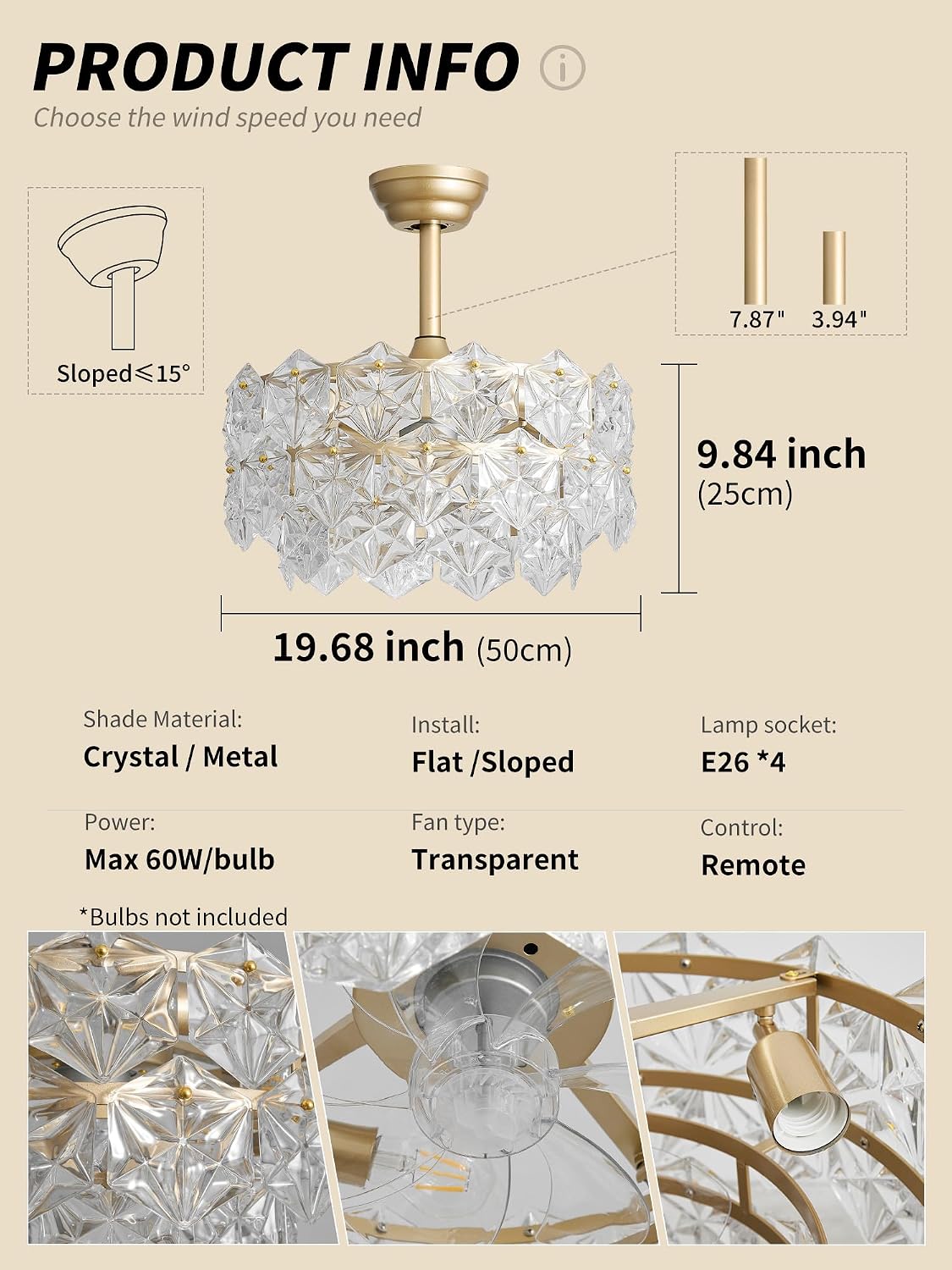 SYDACG 20' Gold Crystal Fandelier Ceiling Fan with Light, Mid-Century Chandelier Ceiling Fan with Light Remote Control, 6 Speeds for Bedroom, Nursery, Living Room