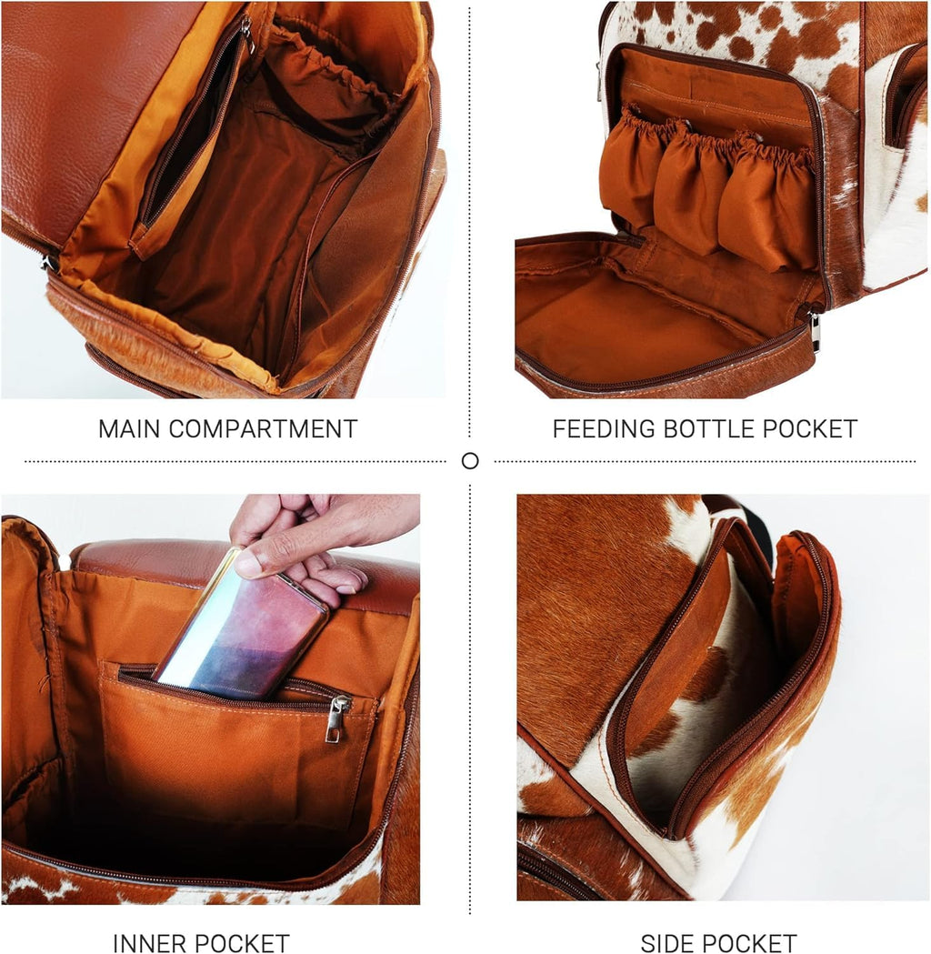 Cowhide Leather Diaper Bag – Handmade Hair-On Diaper Bags with Fringe | Artisan Cow Print Laptop Backpack for Women & Men | Western Style Travel Rucksack Knapsack