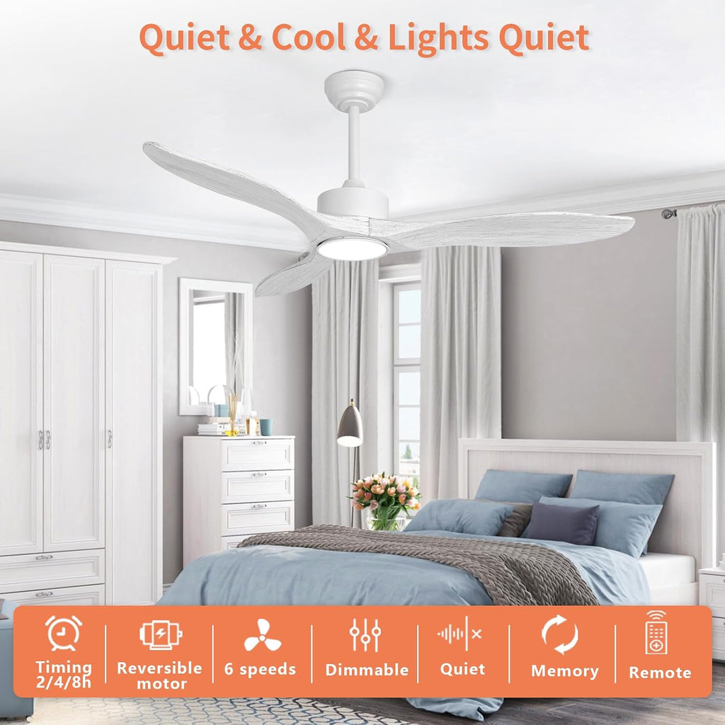 52 Inch White Ceiling Fan with Lights and Remote, Retro White Wood Low Profile Flush Mount Modern Ceiling Fan for Indoor Farmhouse Bedroom Living Room Outdoor Patio Porch, Reversible DC Motor