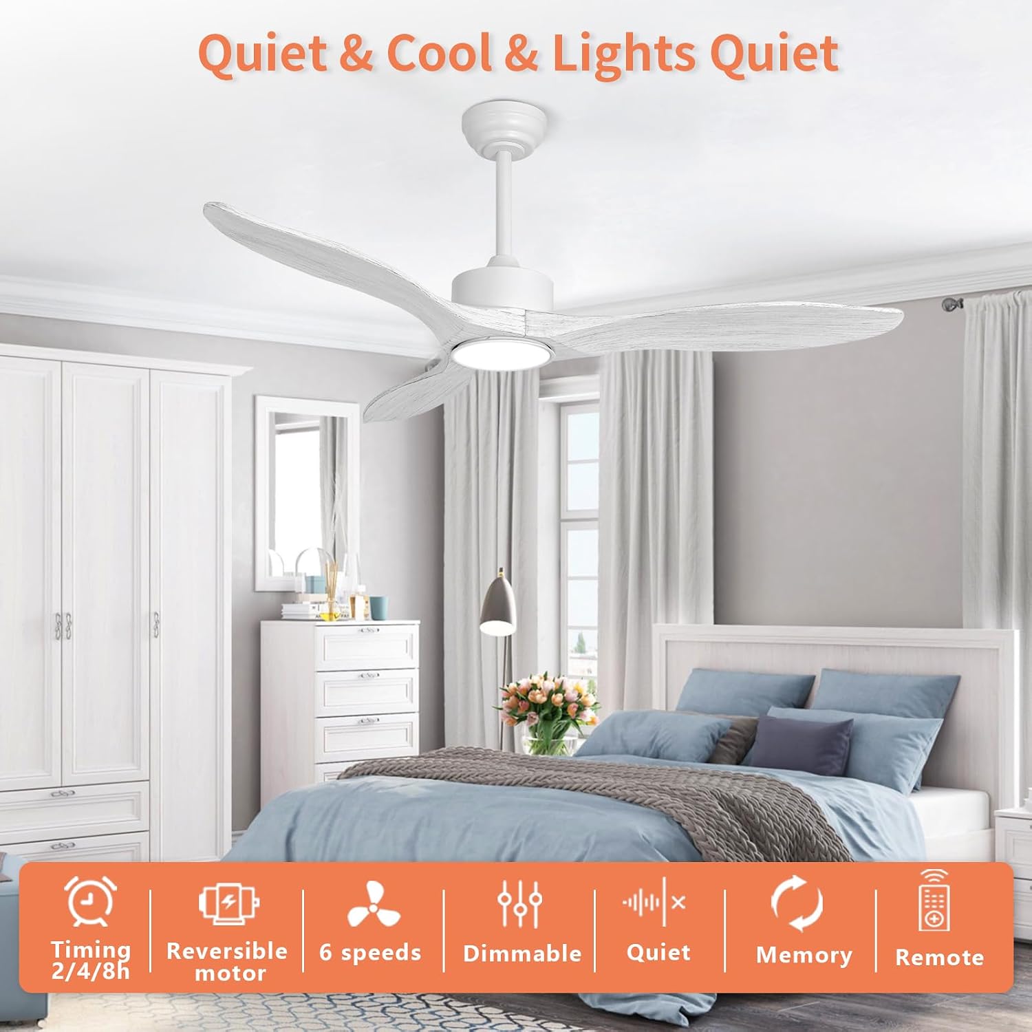 52 Inch White Ceiling Fan with Lights and Remote, Retro White Wood Low Profile Flush Mount Modern Ceiling Fan for Indoor Farmhouse Bedroom Living Room Outdoor Patio Porch, Reversible DC Motor