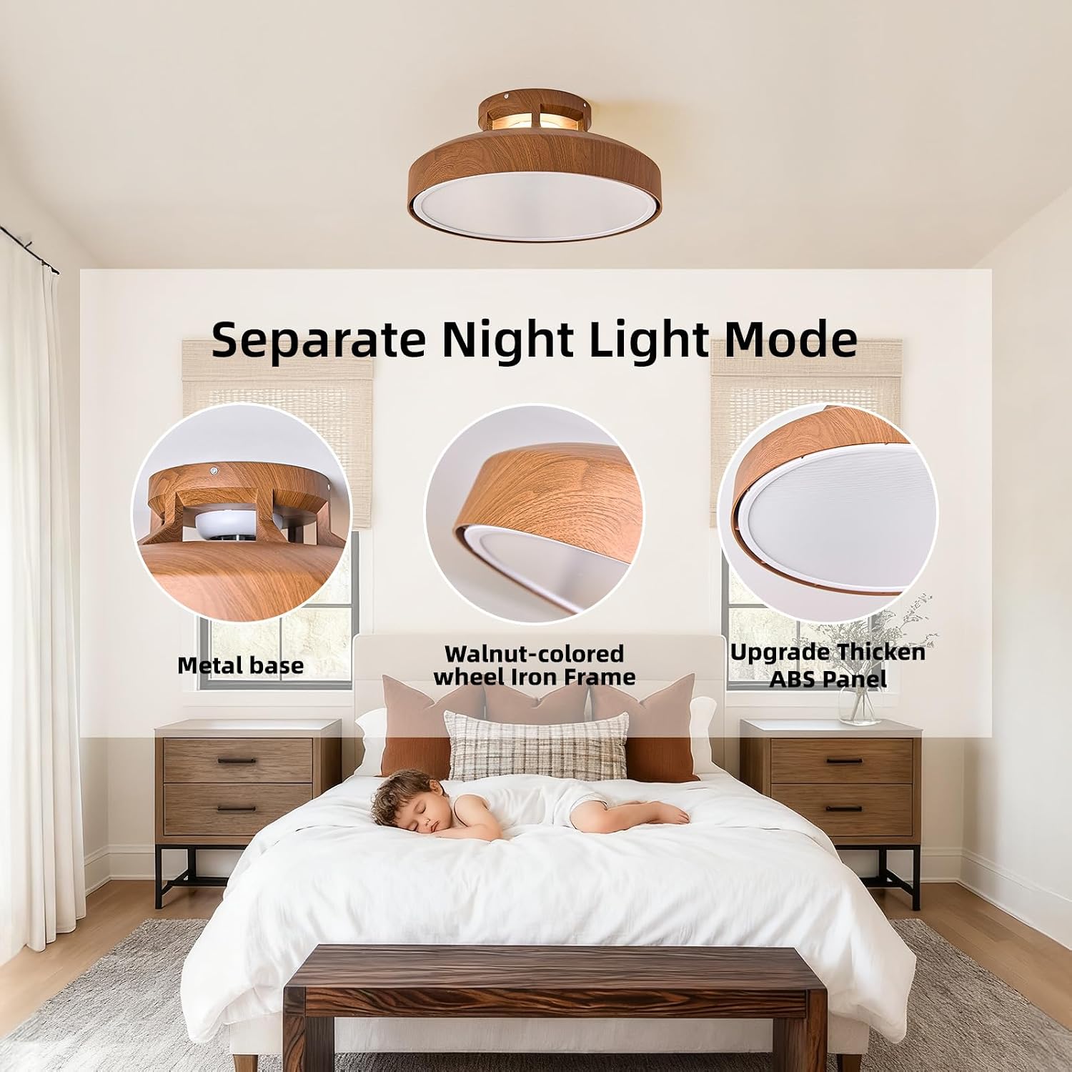 Bladeless Ceiling Fans with Lights and Remote, 18.9' Farmhouse Embedded Ceiling Fan Light, Flush Mount Dimmable LED Chanelier Fan for Bedroom,Walnut Color