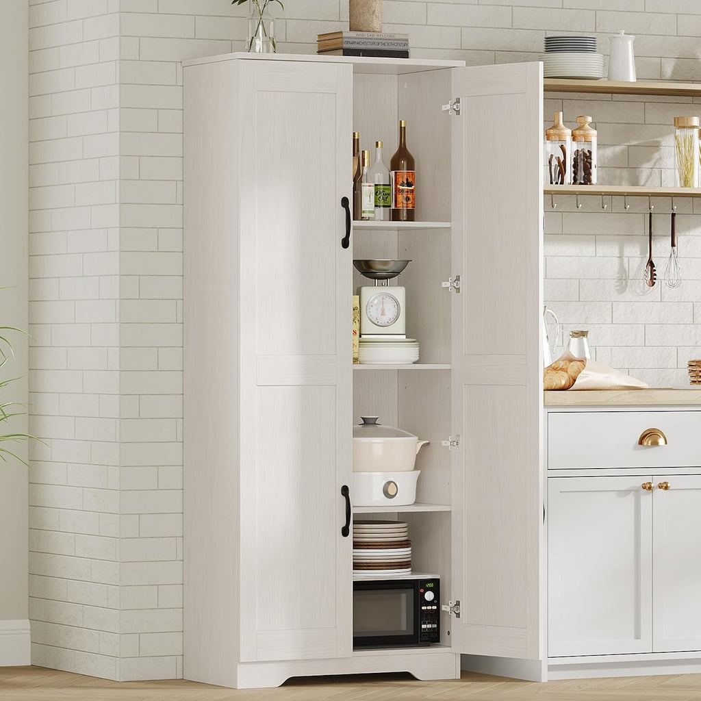 IDEALHOUSE Tall Pantry Cabinet, 60' Kitchen Pantry Storage Cabinet with 2 Doors and Adjustable Shelves, Freestanding Kitchen Cabinet, Cupboard for Dining Room, Bathroom, Living Room, White