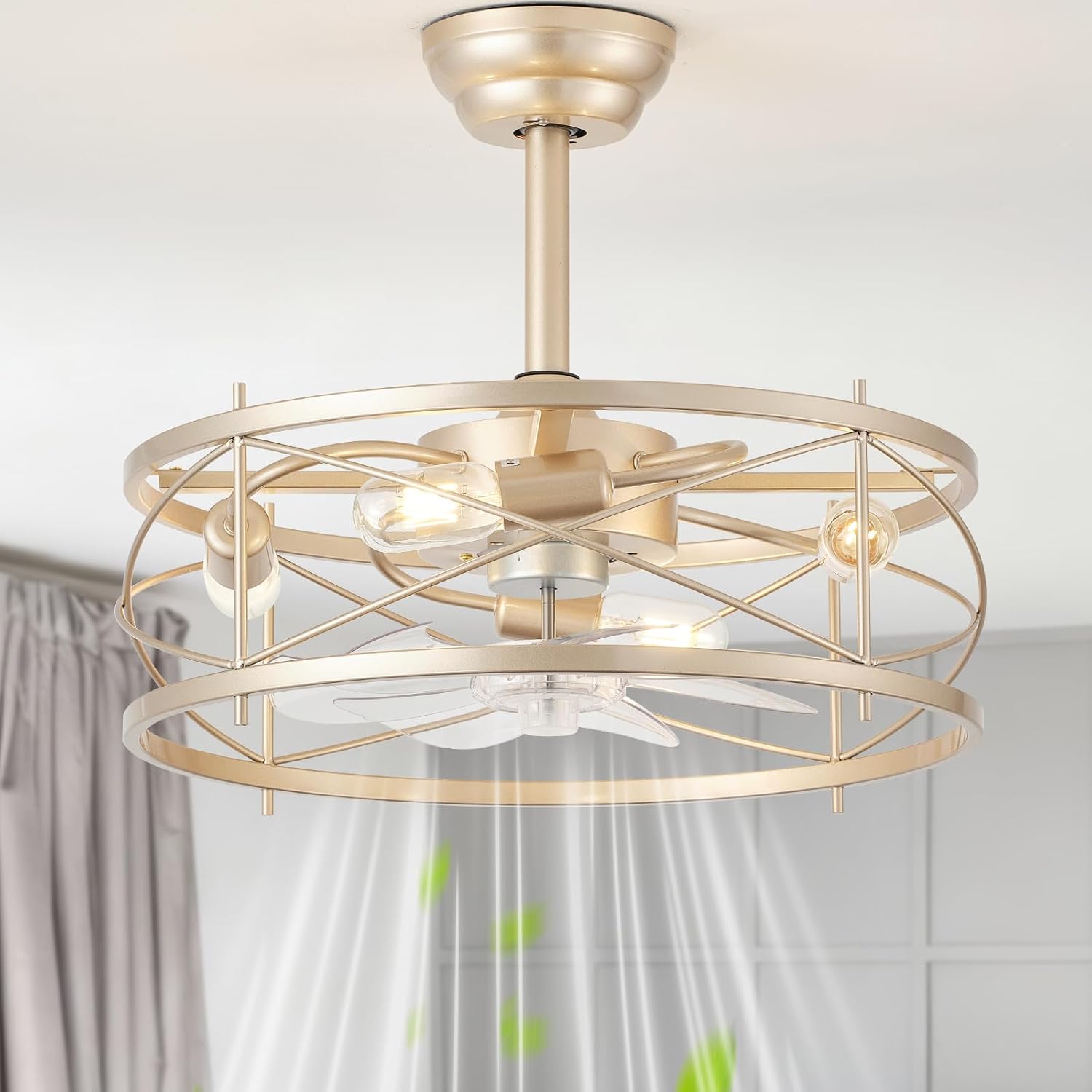 20' Farmhouse Fandelier Ceiling Fan with Light, Caged Bladeless Ceiling Fans with Lights and Remote, Rustic Small Enclosed with 6 Speeds for Bedroom, Kitchen, Living Room, Gold