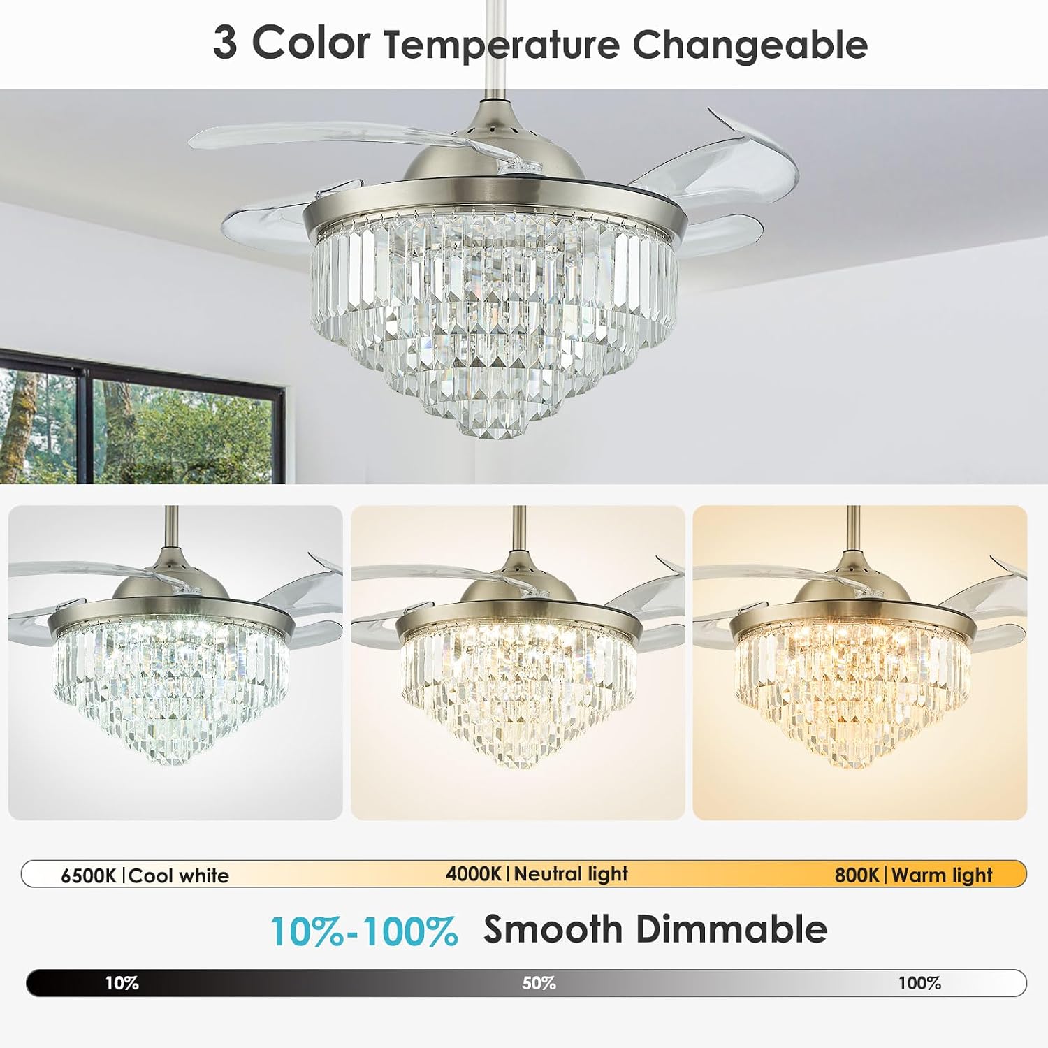 42' Dimmable LED Ceiling Fan with Light Crystal Chandelier Fan with Remote Control Noiseless Reversible Motor for Bedroom Living Room Study Kitchen Dinning Room (Nickel)