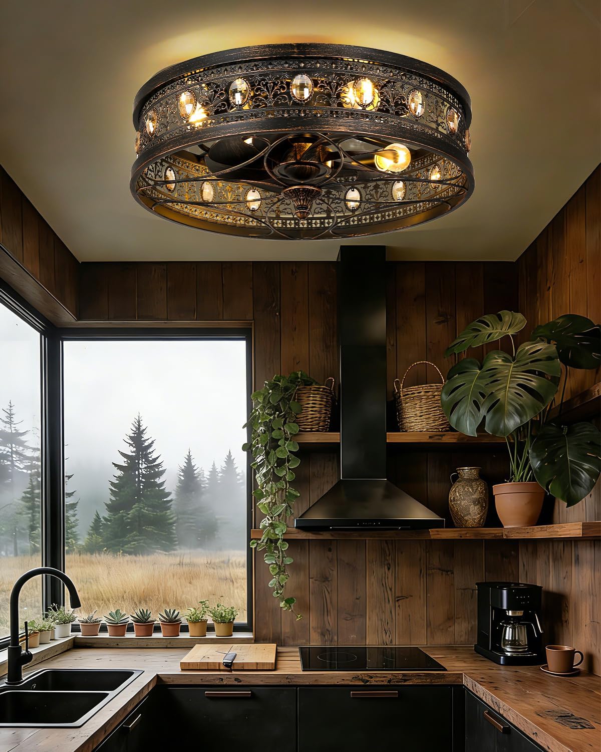 Fandelier Ceiling Fan with Light, Vintage Victorian Rustic Crystal Fandelier, Caged Enclosed Bladeless Chandelier Fan, Low Profile Flush Mount for Bedroom, Kitchen, Living Room, Dining Room