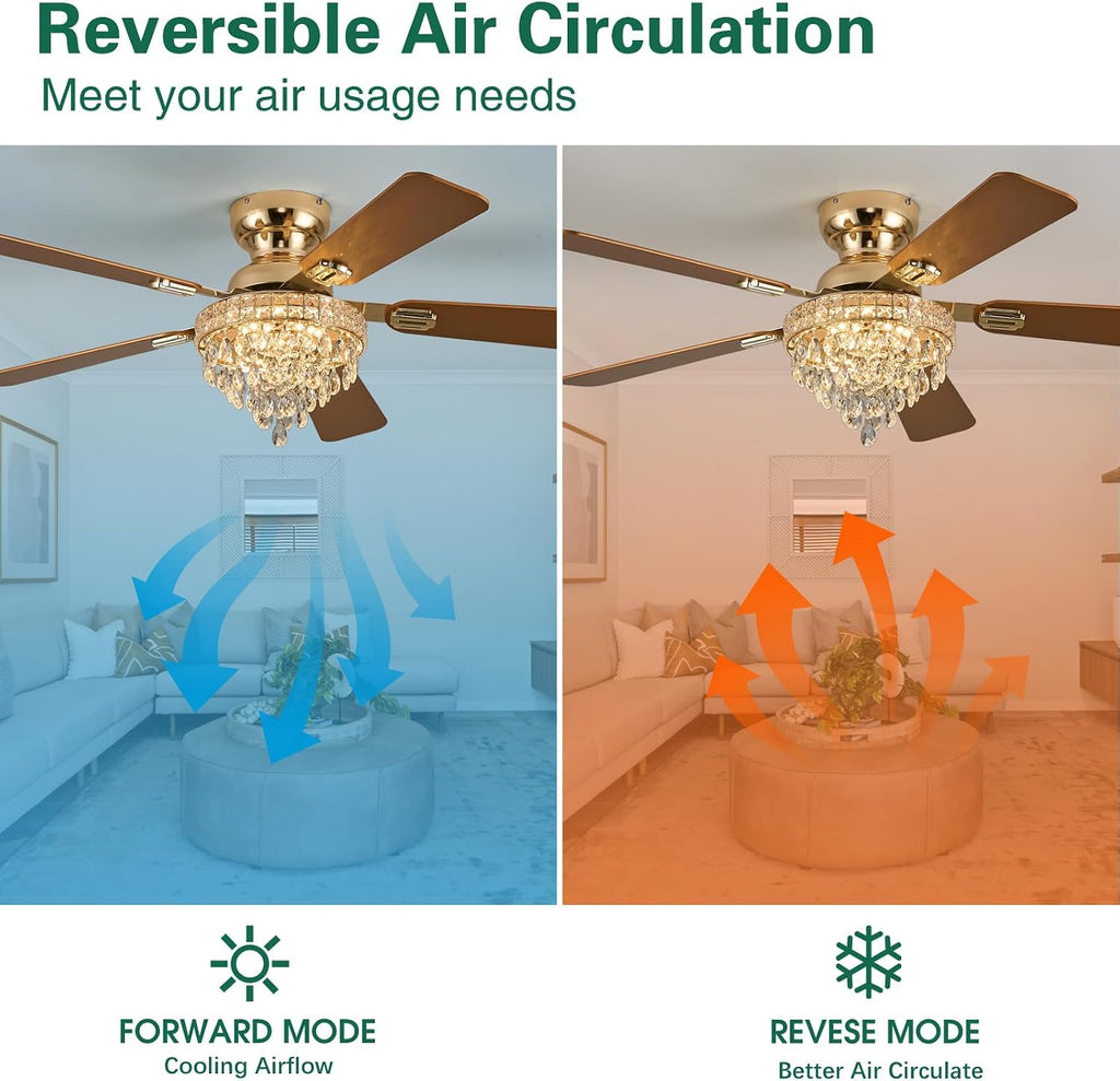 52' Crystal Ceiling Fans with RGB Lights, Remote/App Control, Luxury Fandelier Ceiling Fan Flush Mount, Reversible DC Motor, Dimmable, Bedroom Chandelier Fan, (Gold)