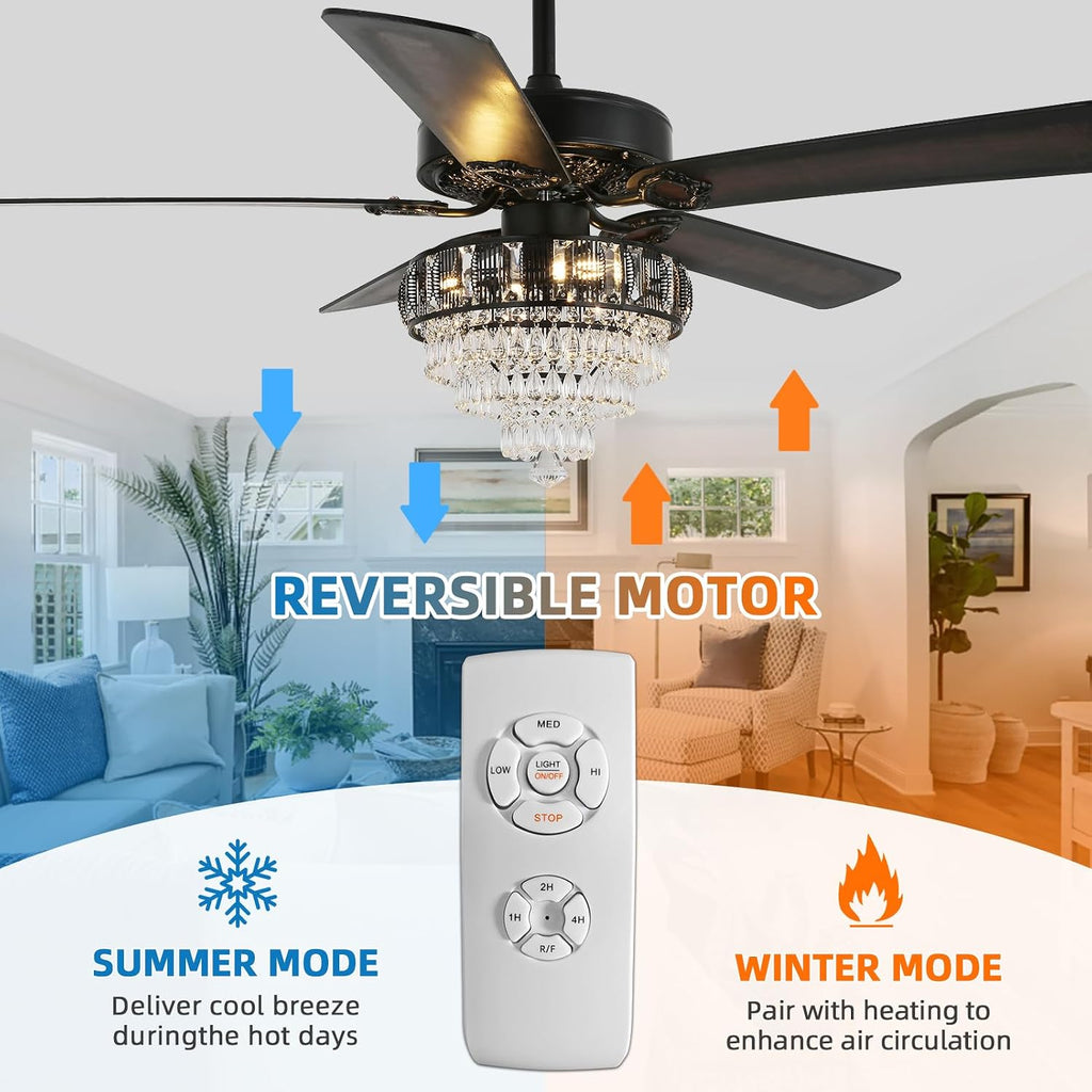 Modern Crystal Ceiling Fans with Lights and Remote Control, Farmhouse Retro Black Ceiling Fan Light, 52 Inch Fandelier Ceiling Fan for Living Room, Dining Room, Bedroom, Office