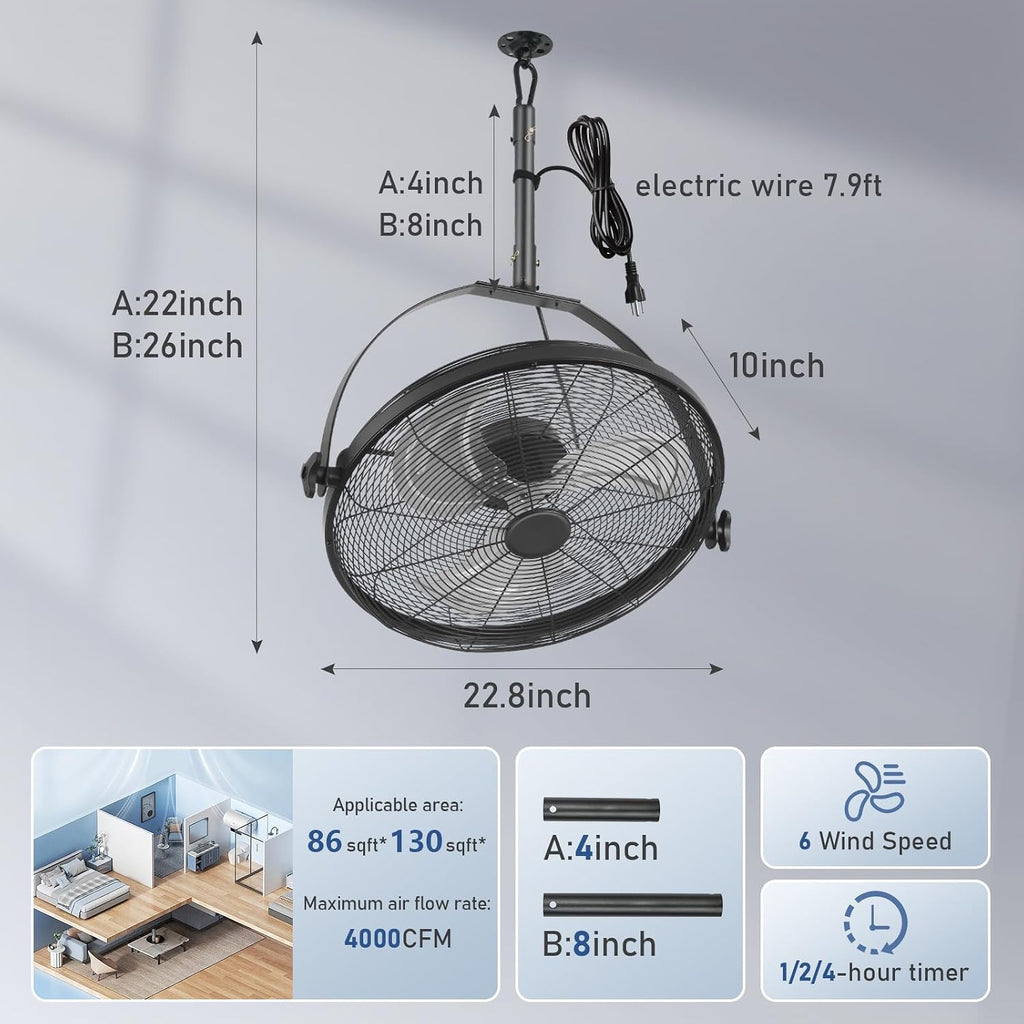 AHAWILL 22.8' Gazebo Patio Outdoor Fan - 360 Rotatable Fixed Angle, Plug-in, 6 Speeds, Timer & Reversible, 2-in-1 Hanging/Standing for Tool Room,Garage.