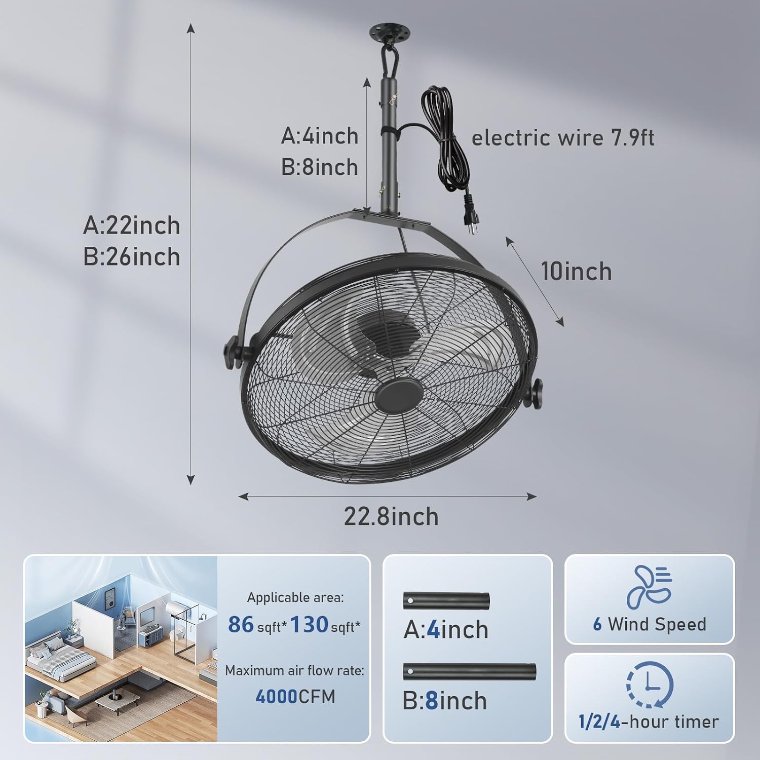 AHAWILL 22.8' Gazebo Patio Outdoor Fan - 360 Rotatable Fixed Angle, Plug-in, 6 Speeds, Timer & Reversible, 2-in-1 Hanging/Standing for Tool Room,Garage.