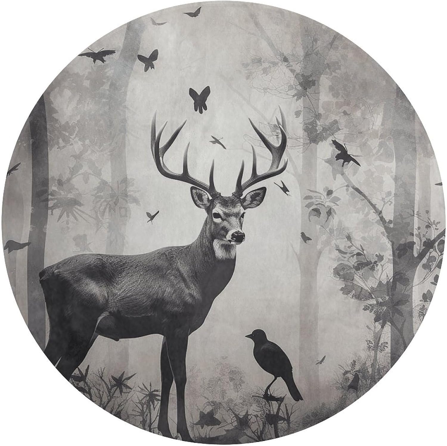 Hunting Silhouette of Deer Coral Velvet Round Floor Mat Non-Slip Bath Rug Floor Covering for Bathroom Vanity Guest Suite & Vacation Home