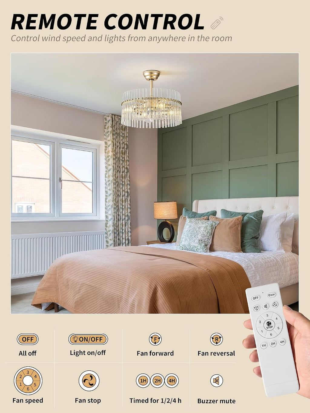 SYDACG 20' Gold and Clear Crystal Fandelier Ceiling Fan with Light, Mid-Century Chandelier Ceiling Fan with Light Remote Control, 6 Speeds for Bedroom, Nursery, Living Room