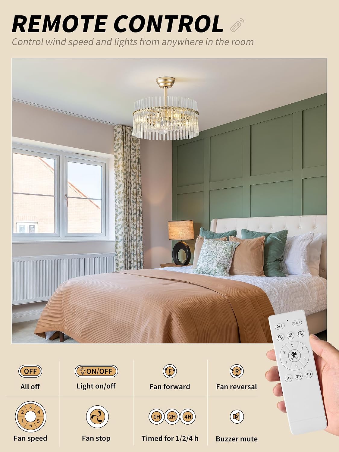 SYDACG 20' Gold and Clear Crystal Fandelier Ceiling Fan with Light, Mid-Century Chandelier Ceiling Fan with Light Remote Control, 6 Speeds for Bedroom, Nursery, Living Room