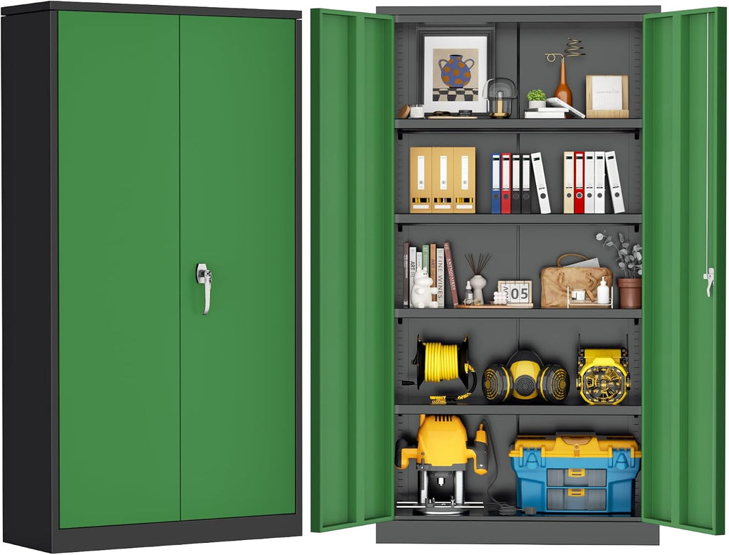 Greenvelly 72' H Metal Garage Storage Cabinet with 2 Doors and 4 Adjustable Shelves, Black Green Metal Cabinet with Lock for Office,Home, Garage, Gym, School