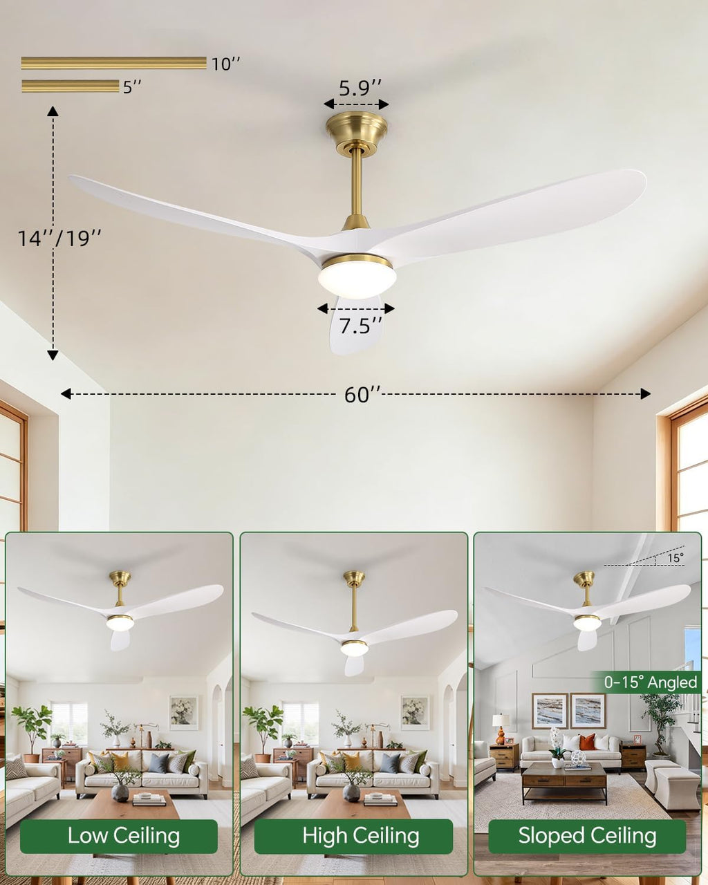 Sofucor 60 Inch Smart Ceiling Fans with Lights-Outdoor Modern Smart White Ceiling Fan with Alexa/Google/APP/Remote Control, Reversible Quiet DC Motor, ABS Blade Ceiling Fan for Living Room/Patios