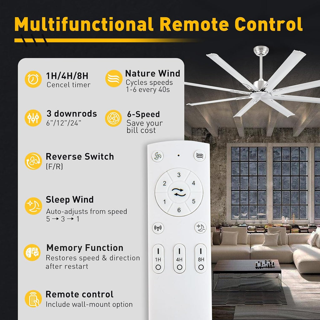 Minislak 72 Inch Ceiling Fan No Light with Remote,8 Aluminum Blades,Industrial DC Motor Quiet Operation,6 Speeds,Large Indoor Outdoor Ceiling Fan for Garage,Patio,Living Room(Brushed Nickel)