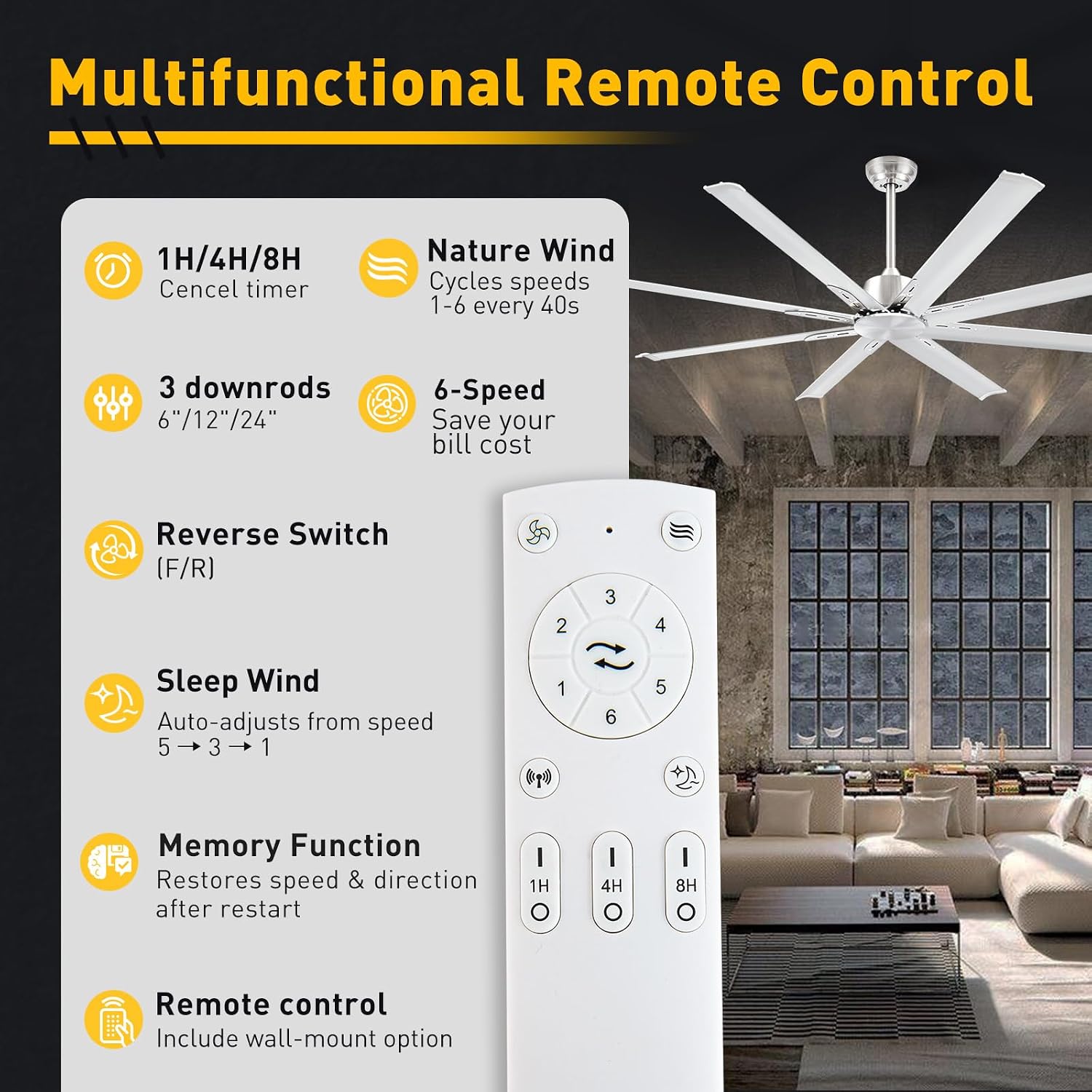 Minislak 72 Inch Ceiling Fan No Light with Remote,8 Aluminum Blades,Industrial DC Motor Quiet Operation,6 Speeds,Large Indoor Outdoor Ceiling Fan for Garage,Patio,Living Room(Brushed Nickel)