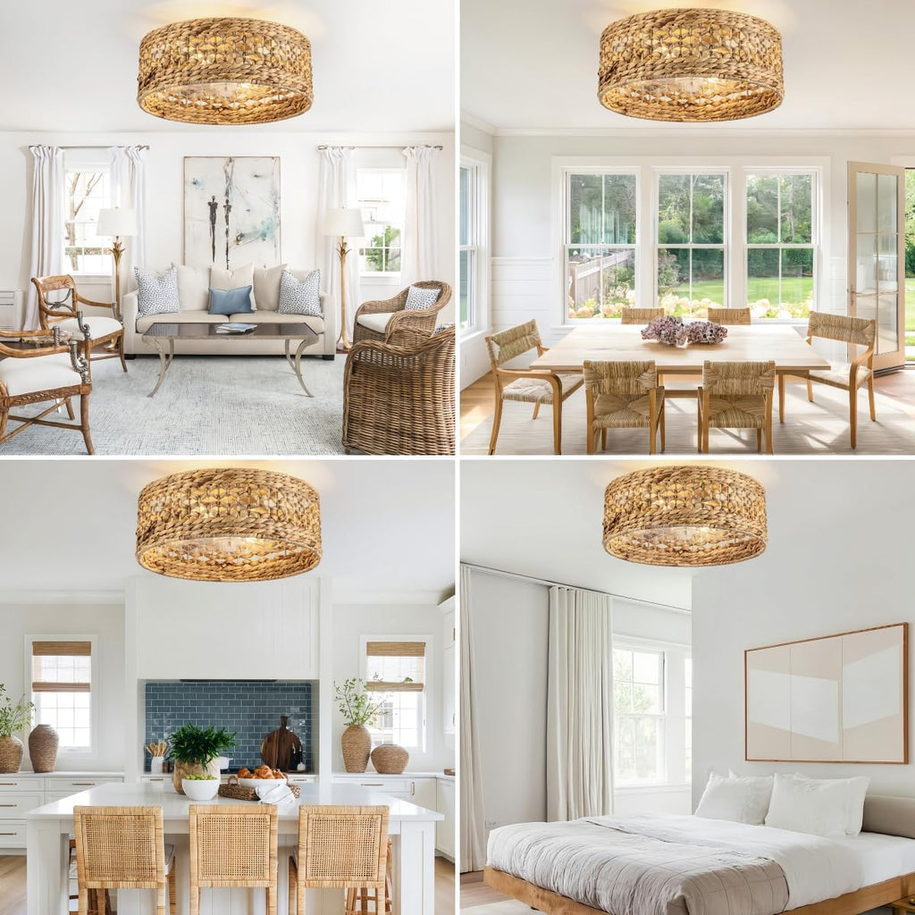 Handwoven Boho Ceiling Fan with Light,Rattan Caged Ceiling Fans with Lights and Remote Control Flush Mount Low Profile Enclosed 6 Speeds Fandelier for Bedroom,Living Room,Dining Room,4-Light