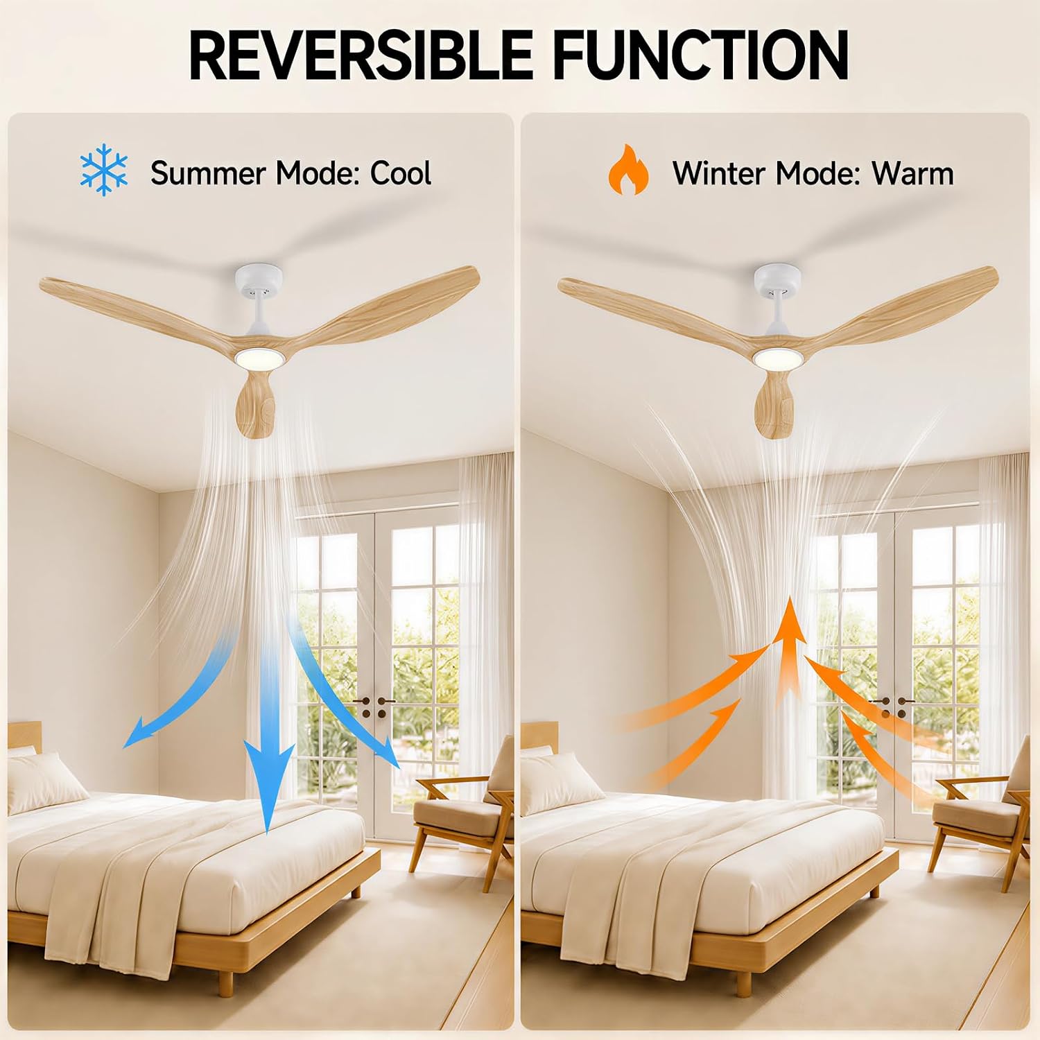 Skylike 52' Wood Outdoor Ceiling Fan with Lights, Propeller Farmhouse Ceiling Fan and Remote Control, 3 Blade Light Wood Ceiling Fan for Patio,Porch, Gazebo, Bedroom