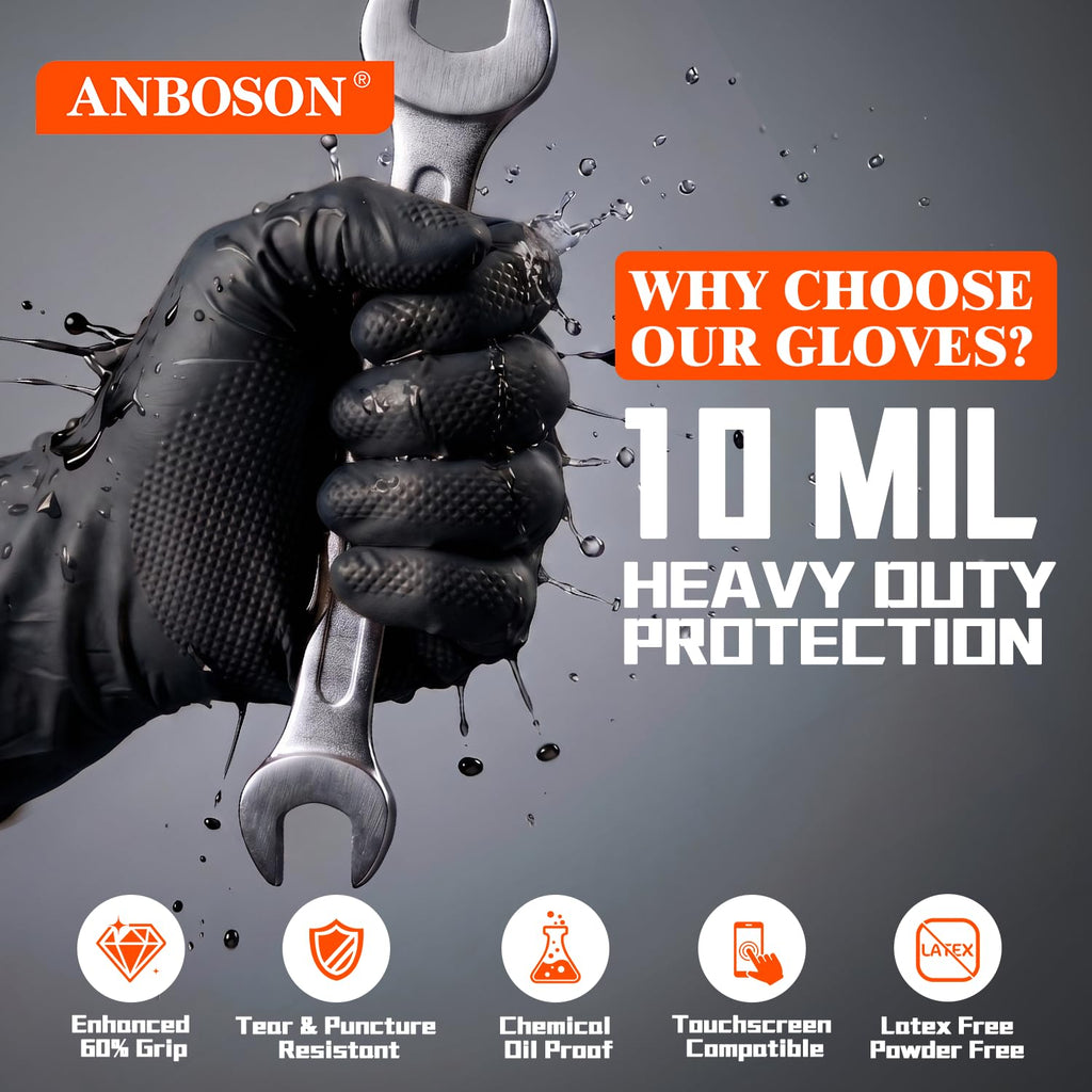 ANBOSON 10mil Nitrile-Gloves Disposable - Chemical-Resistant Rubber - Mechanic Gloves Heavy Duty, Latex Free, Diamond Grip (1000,Black Large)
