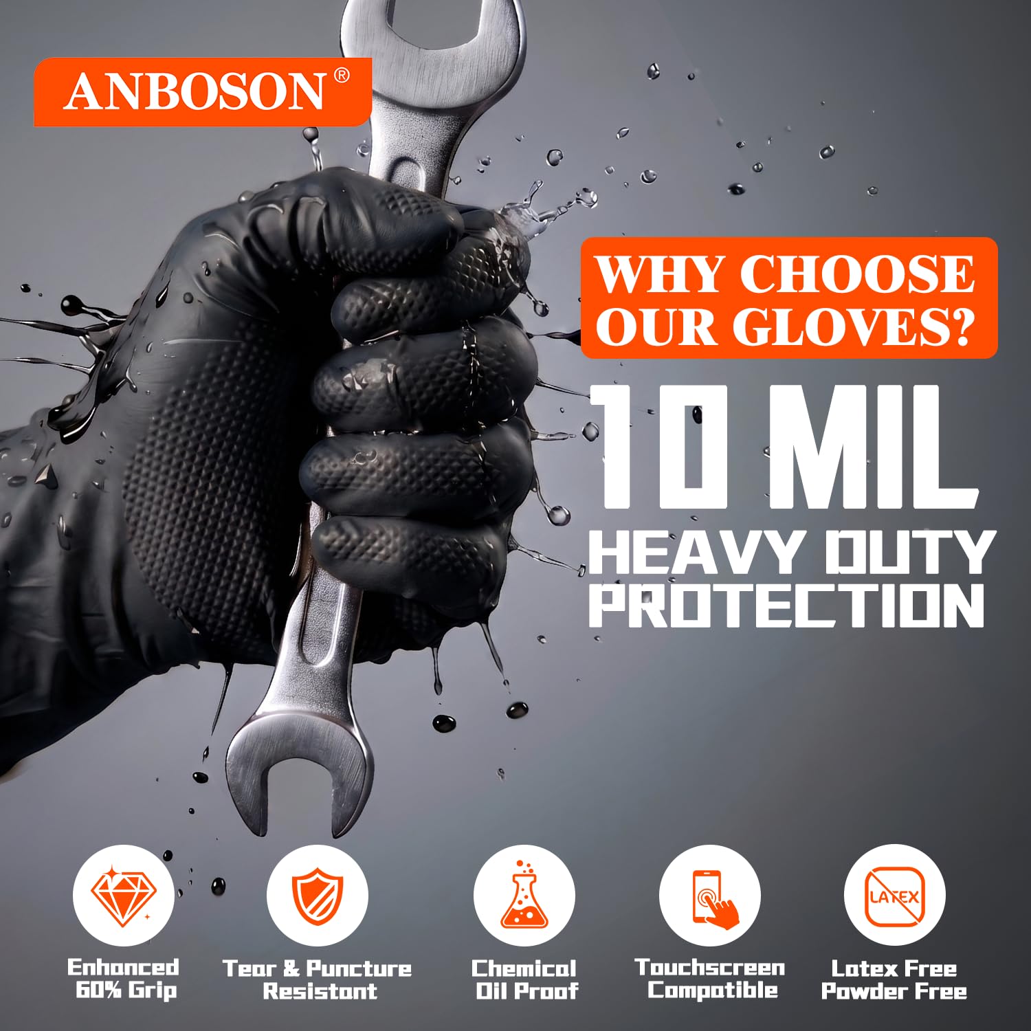 ANBOSON 10mil Nitrile-Gloves Disposable - Chemical-Resistant Rubber - Mechanic Gloves Heavy Duty, Latex Free, Diamond Grip (1000,Black Large)