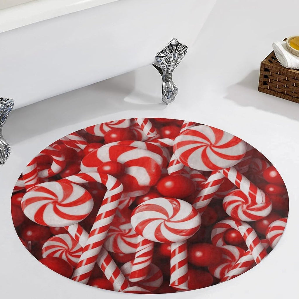Candy Canes Coral Velvet Round Floor Mat Non-Slip Bath Rug Floor Covering for Bathroom Vanity Guest Suite & Vacation Home