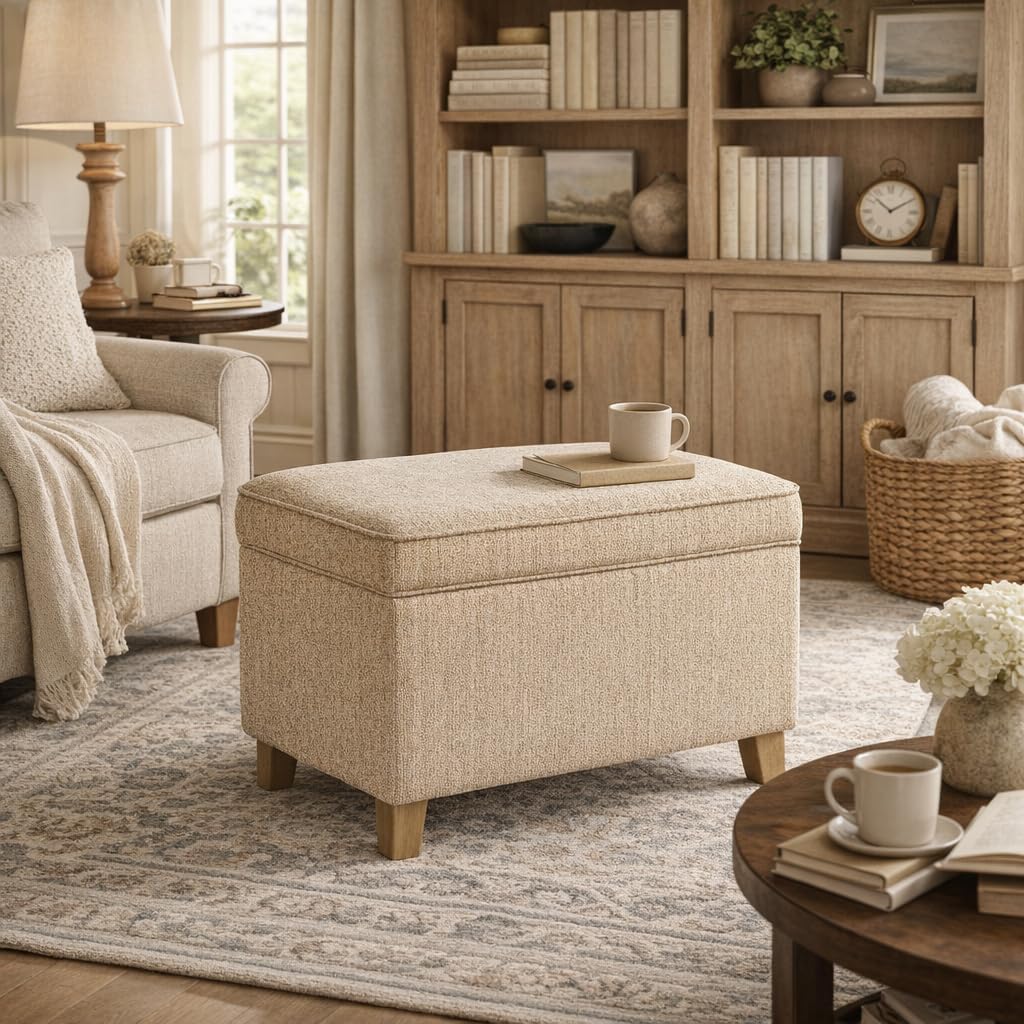 Homepop Home Decor | Medium Square Storage Ottoman with Hinged Lid | Ottoman with Storage for Living Room & Bedroom, Tan