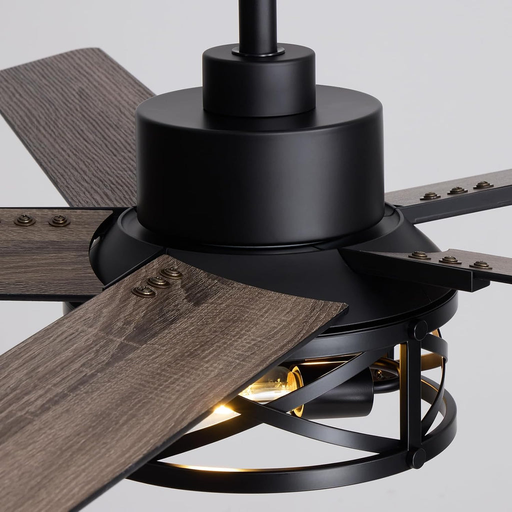 52 Inch Ceiling Fans with Lights and Remote Control, Low Profile Farmhouse Ceiling Fan for Bedroom Living Room and Patio, Black Caged Ceiling Fan for Indoor and Outdoor（NO BULBS）