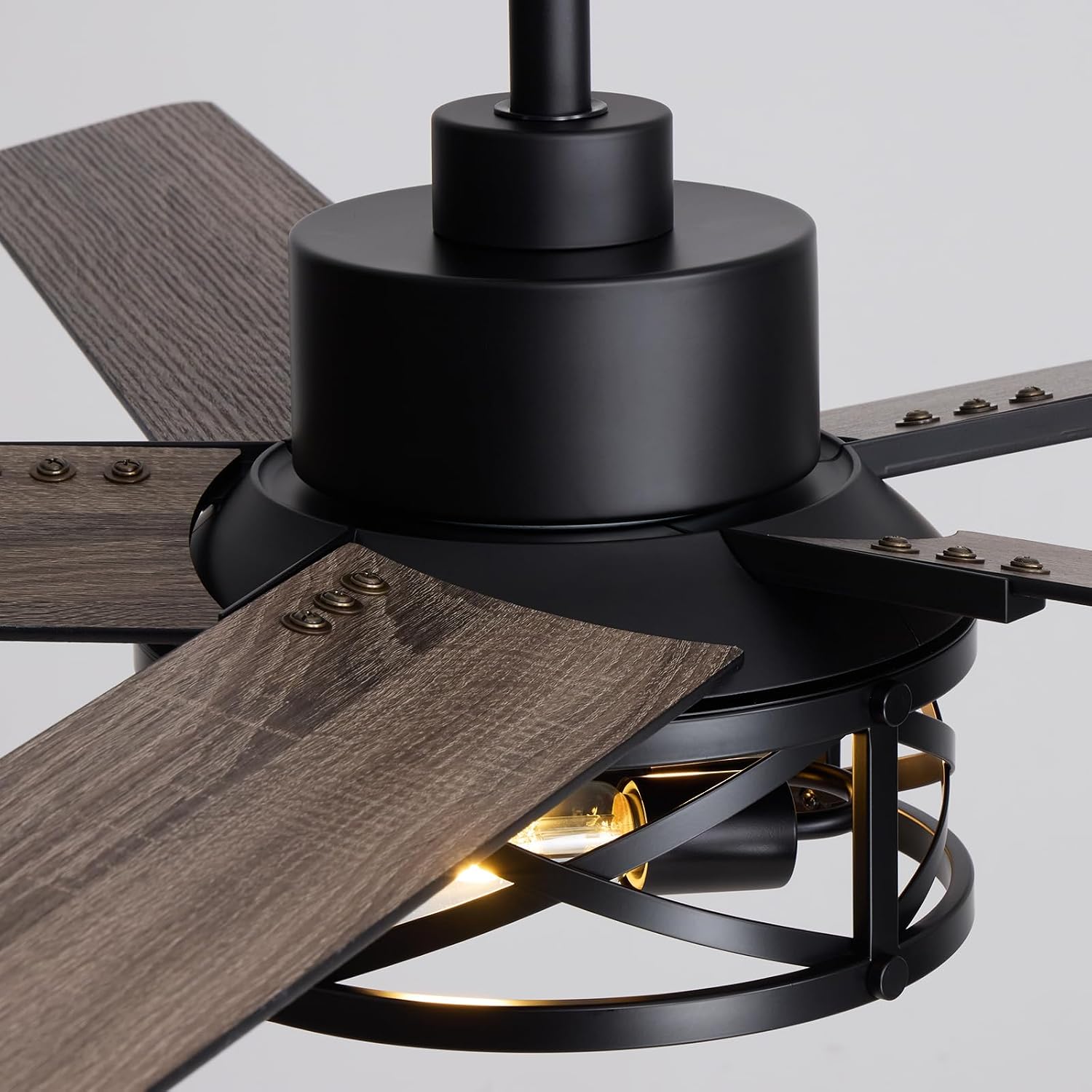 52 Inch Ceiling Fans with Lights and Remote Control, Low Profile Farmhouse Ceiling Fan for Bedroom Living Room and Patio, Black Caged Ceiling Fan for Indoor and Outdoor（NO BULBS）