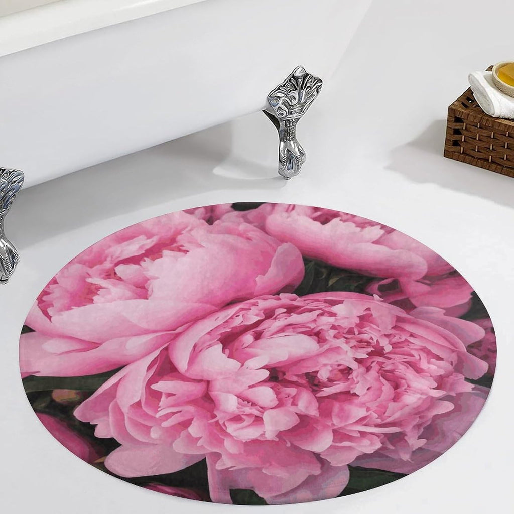 Pink Peony Coral Velvet Round Floor Mat Non-Slip Bath Rug Floor Covering for Bathroom Vanity Guest Suite & Vacation Home