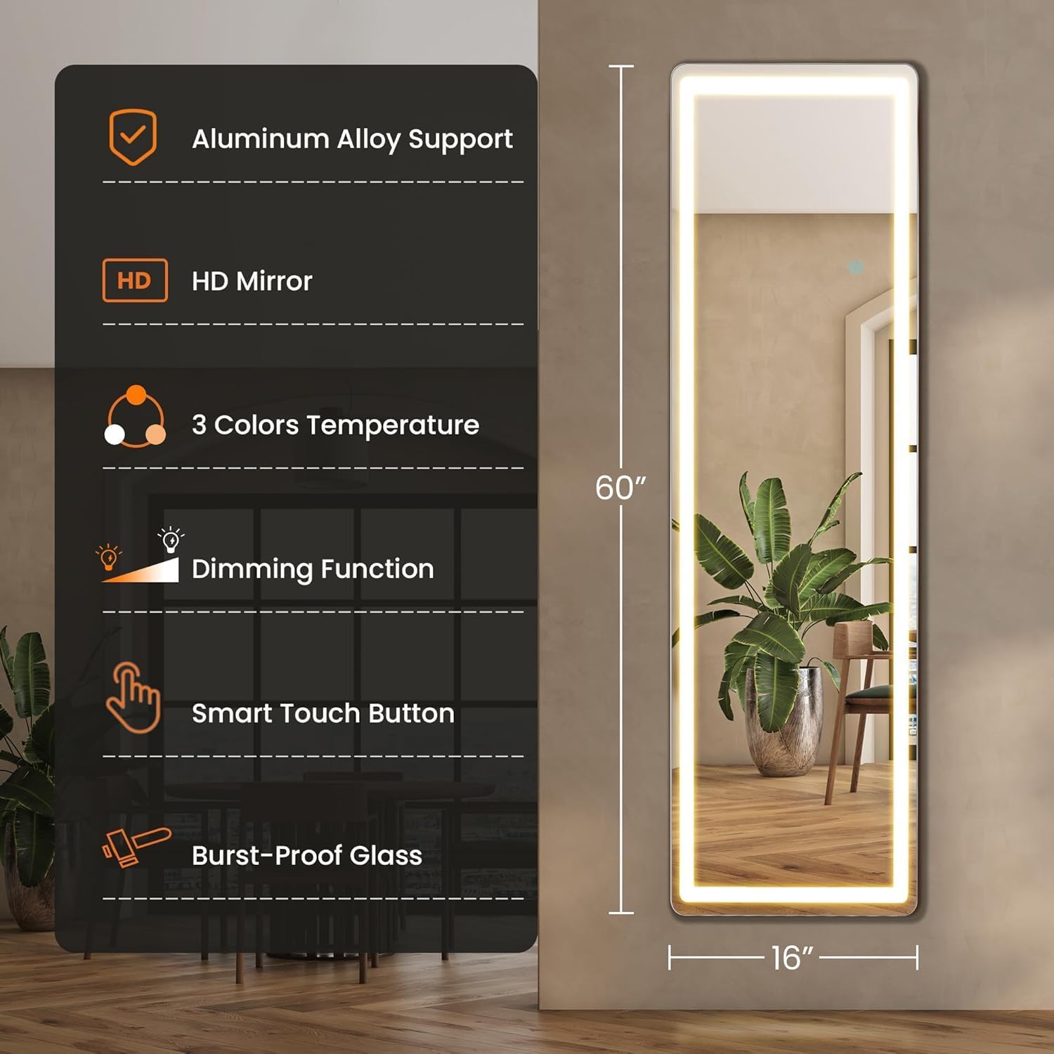Elevon Full Length Mirror with LED Lights, 60'x16' Floor Mirror with Dimming & 3 Color Lighting, Led Mirrors Full Length with Stand for Bedroom, Dressing Room, Rectangle