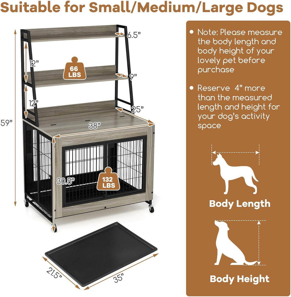 Giantex Dog Crate Furniture with Storage Shelves, 38' Furniture Style Indoor Dog Kennel on Wheels, 3 Doors, Flip Top Lid, Removable Pull-Out Tray, Dog Cage Pet House for Large Dogs, Oak Gray