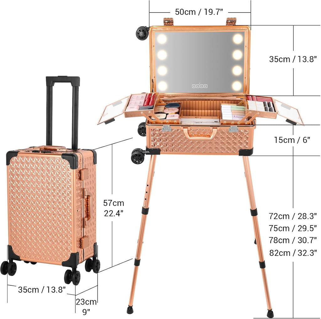 Rolling Makeup Train Case with Lighted Mirror and Bluetooth Speaker Professional Cosmetic Organizer Case with Wheels, Stands Portable Makup Station Vanity for Travel (Rose gold, Small)