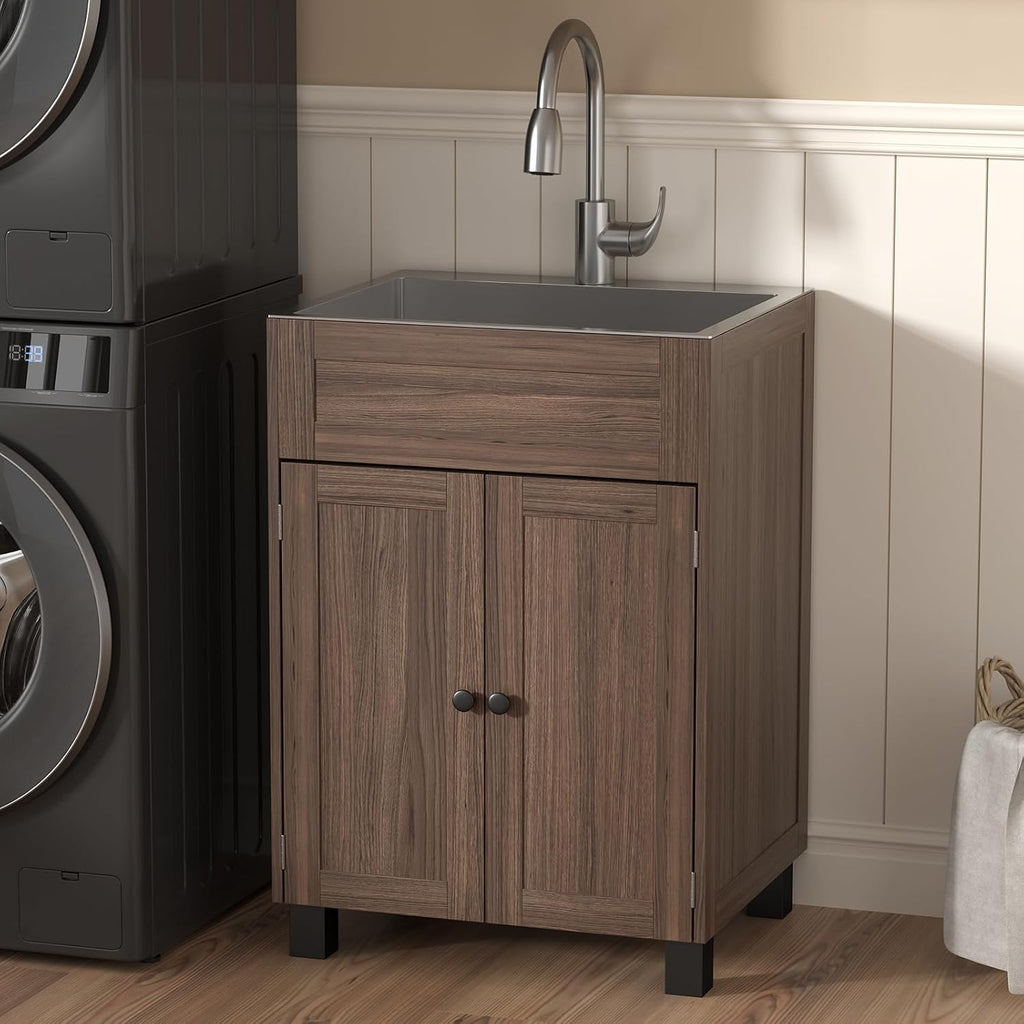 VINGLI's 24-Inch Laundry Sink comes with a pull-out sprayer faucet and Brown cabinet. This stainless steel utility sink with cabinet is ideal for laundry and utility rooms, kitchens